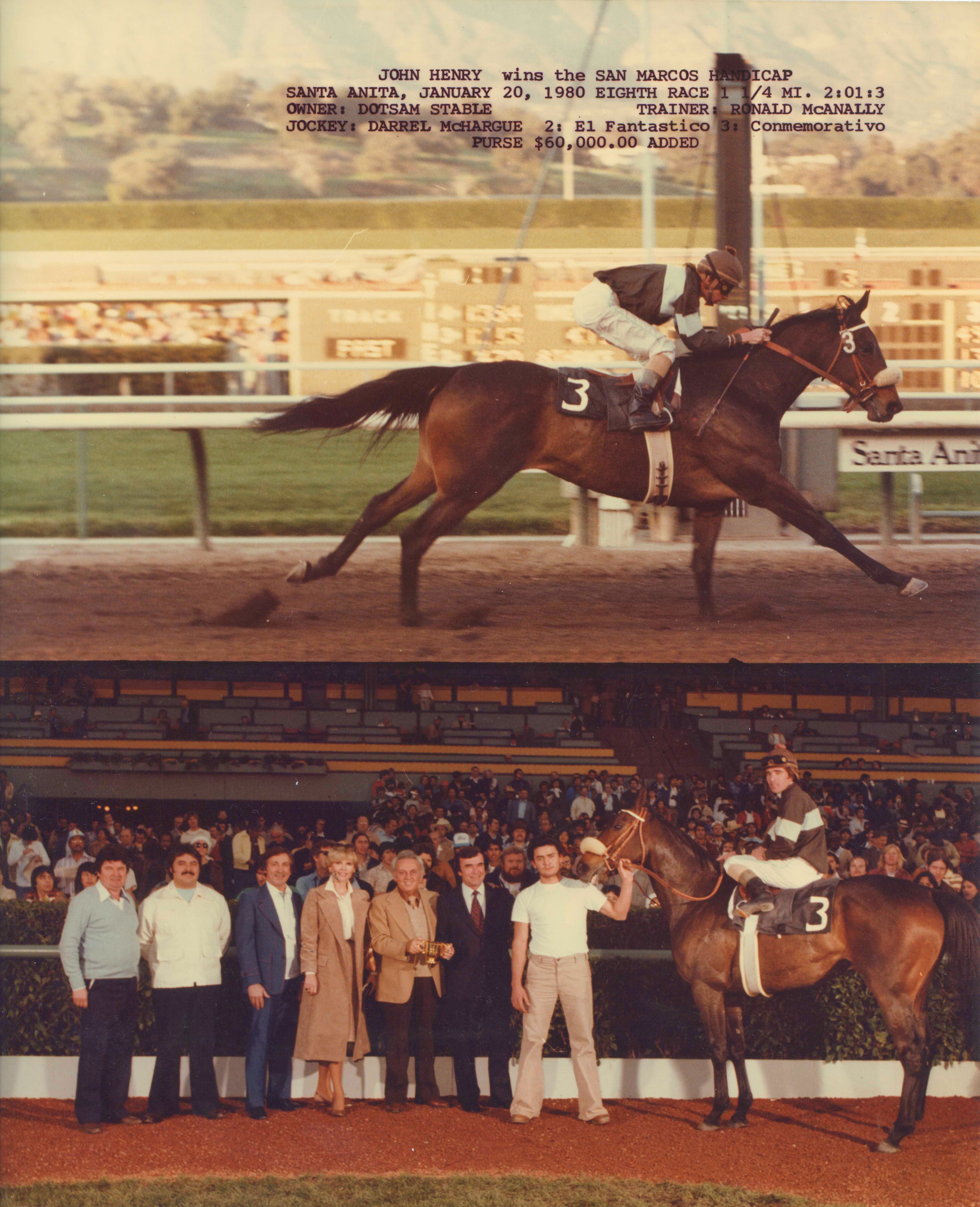 Win composite photograph for the 1980 San Marcos Handicap at Santa Anita, won by John Henry (Darrel McHargue up) (Bill Mochon/Museum Collection)