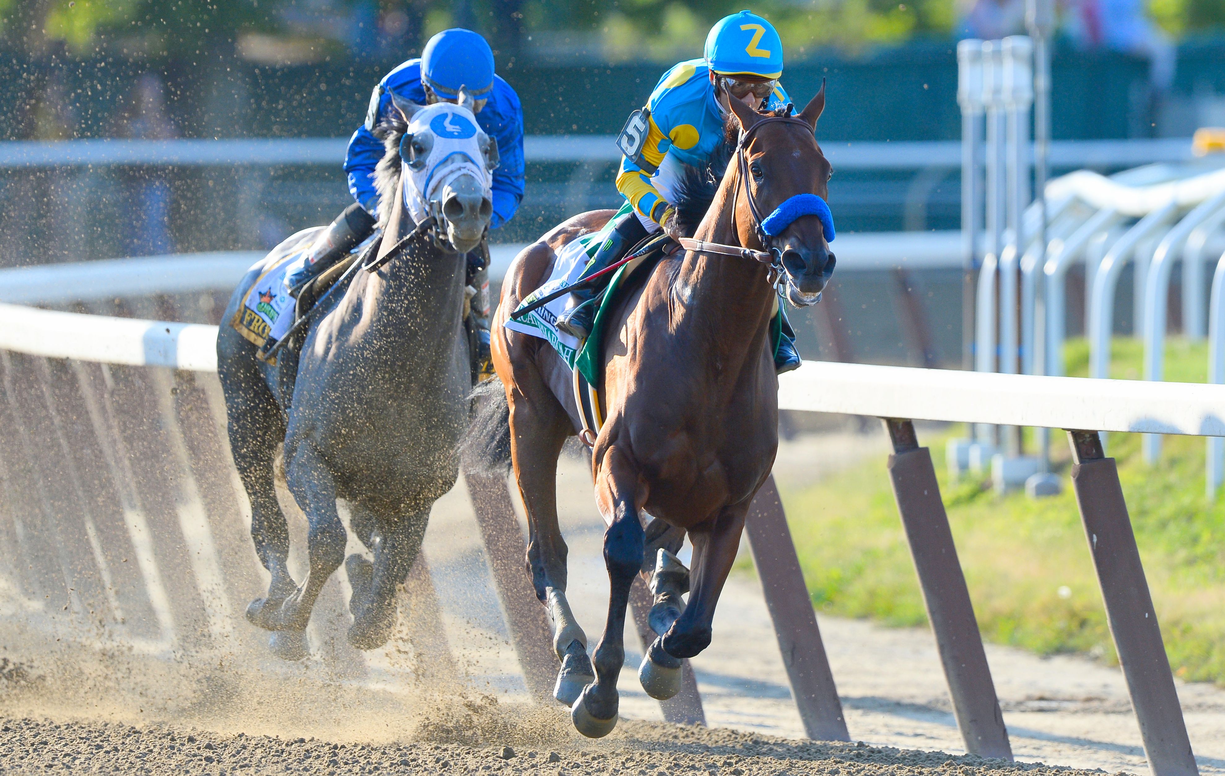 American Pharoah, Victor Espinoza up, winning the 2015 Belmont Stakes to become America's 12th Triple Crown winner (NYRA)