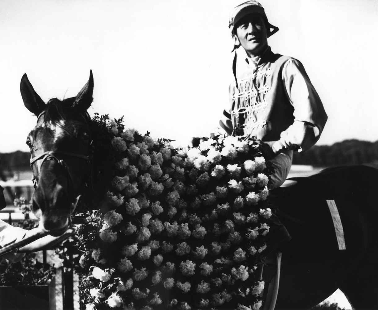 Arts and Letters (Braulio Baeza up) in the winner's circle for the 1969 Belmont Stakes (NYRA/Museum Collection)