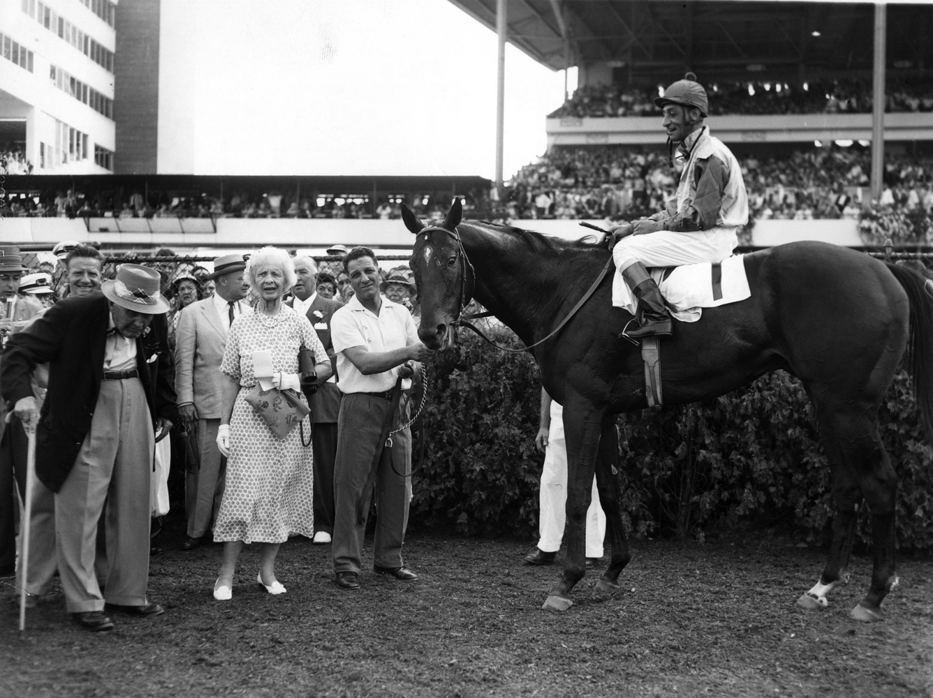 Bold Ruler (Eddie Arcaro up) in the winner's circle for the 1958 Monmouth Handicap at Monmouth Park, his final career win (Turfotos/Museum Collection)