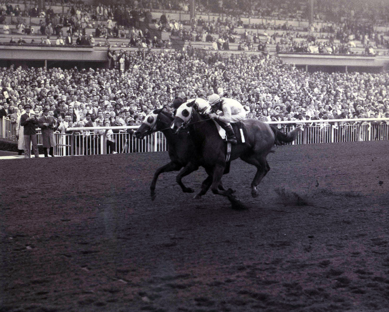 Gamely (Manuel Ycaza up) winning the 1968 Santa Margarita Handicap at Santa Anita by a nose (Santa Anita Photo/Museum Collection)