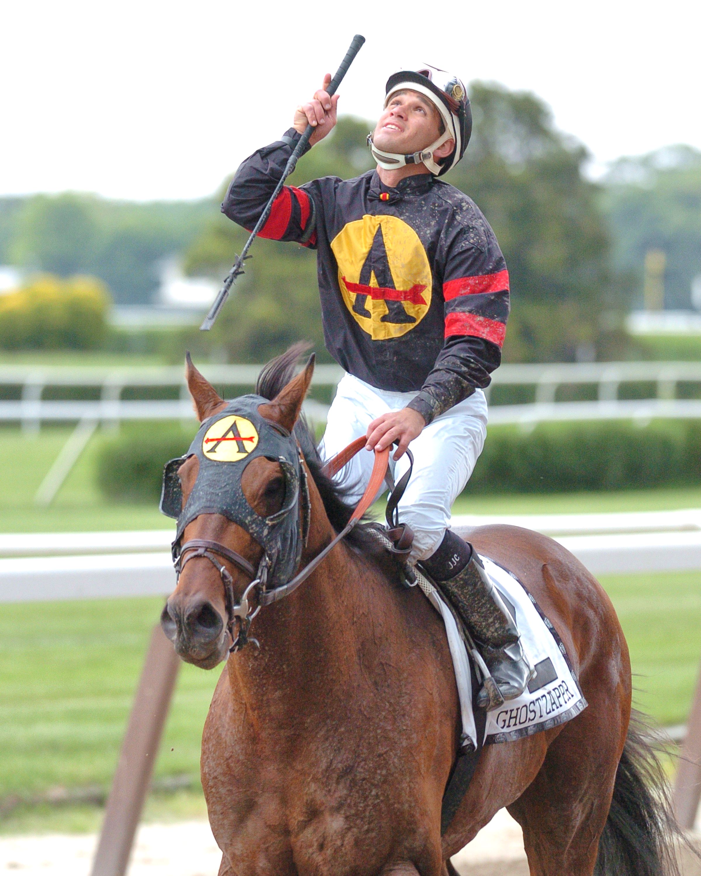 Javier Castellano celebrating his Metropolitan Handicap win with Ghostzapper (NYRA)