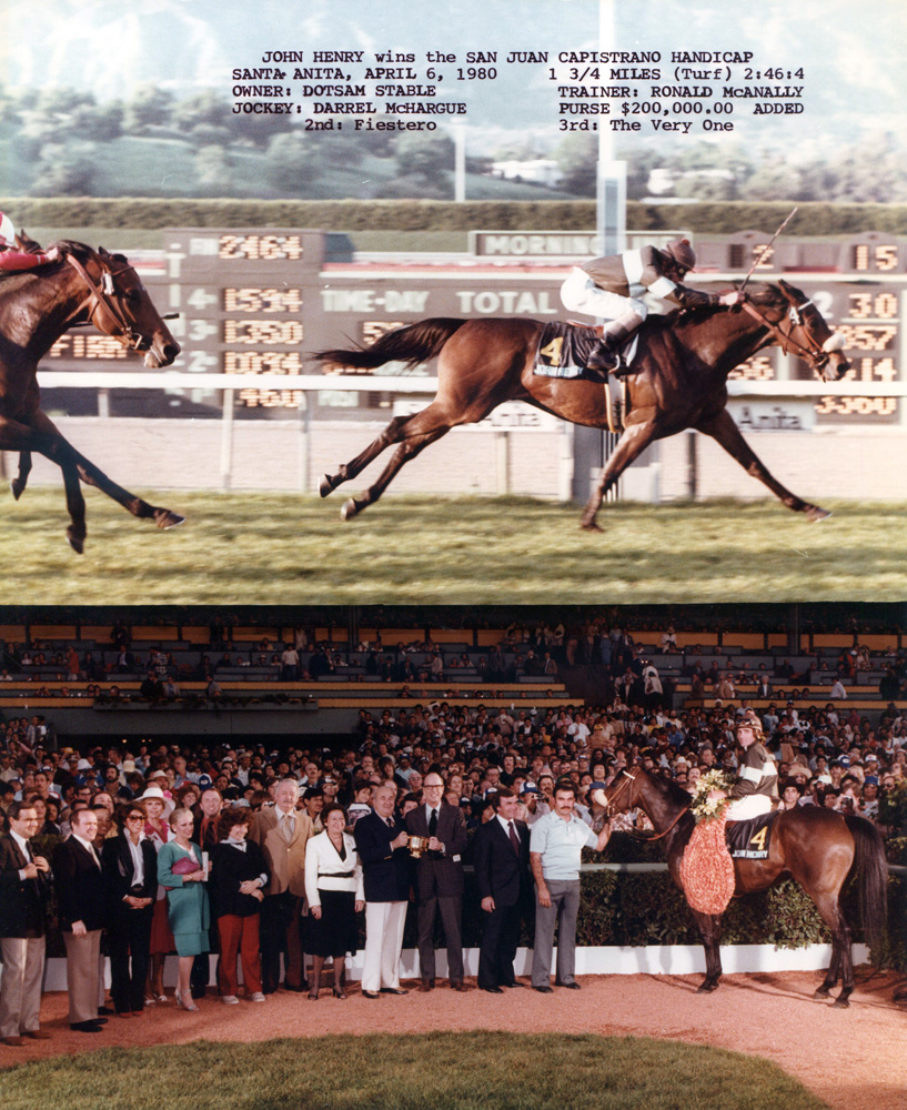 Win composite photograph for the 1980 San Juan Capistrano Handicap at Santa Anita, won by John Henry (Darrel McHargue up) (Bill Mochon/Museum Collection)