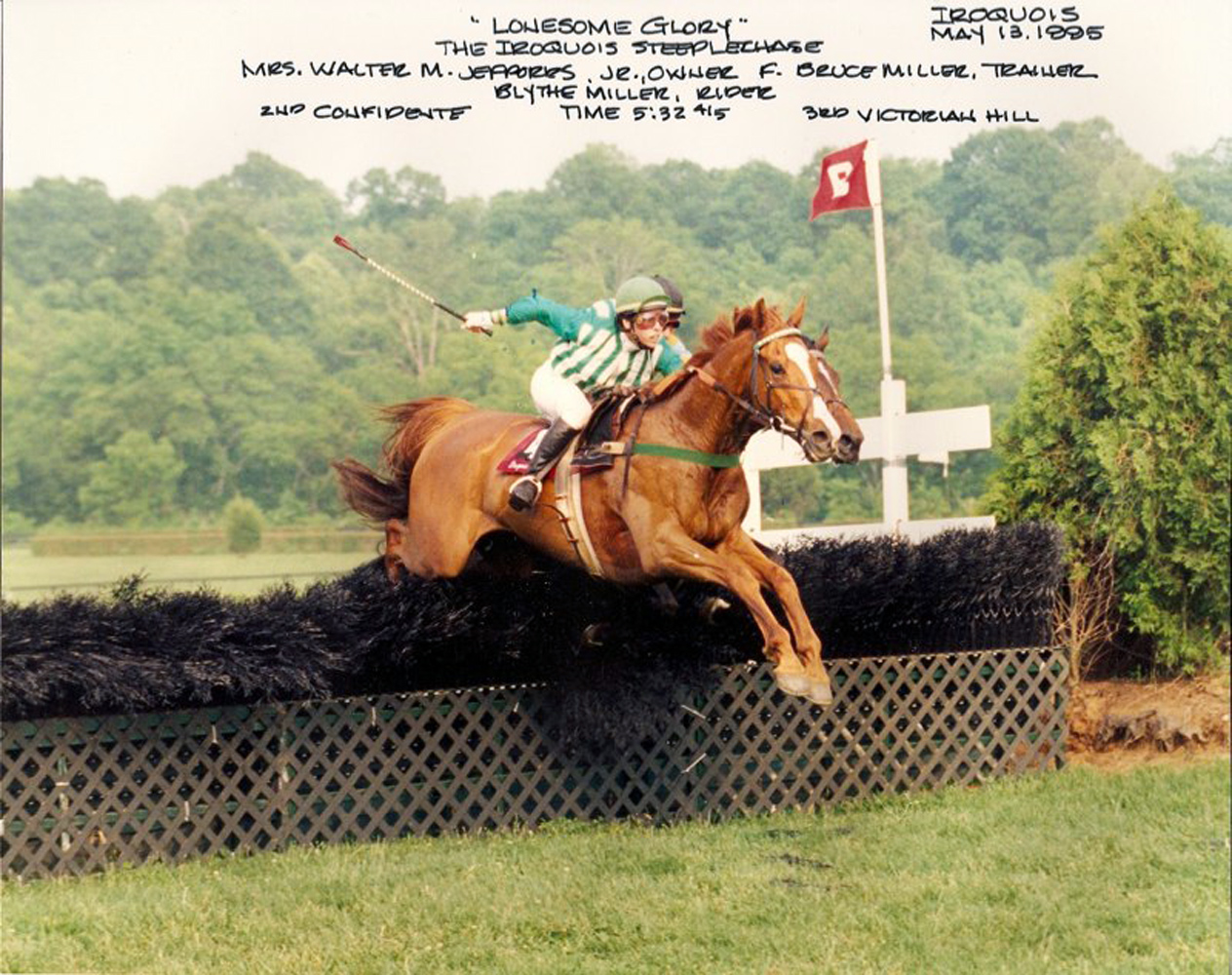 Lonesome Glory, Blythe Miller up, winning the 1995 Iroquois Steeplechase (Courtesy of Bruce Miller)