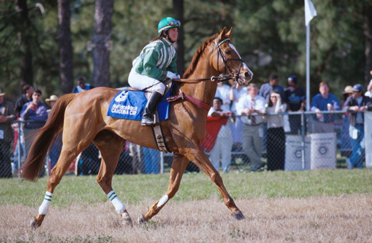 Lonesome Glory, Blythe Miller up, heading to the post for the 1999 Carolina Cup (Courtesy of Bruce Miller)