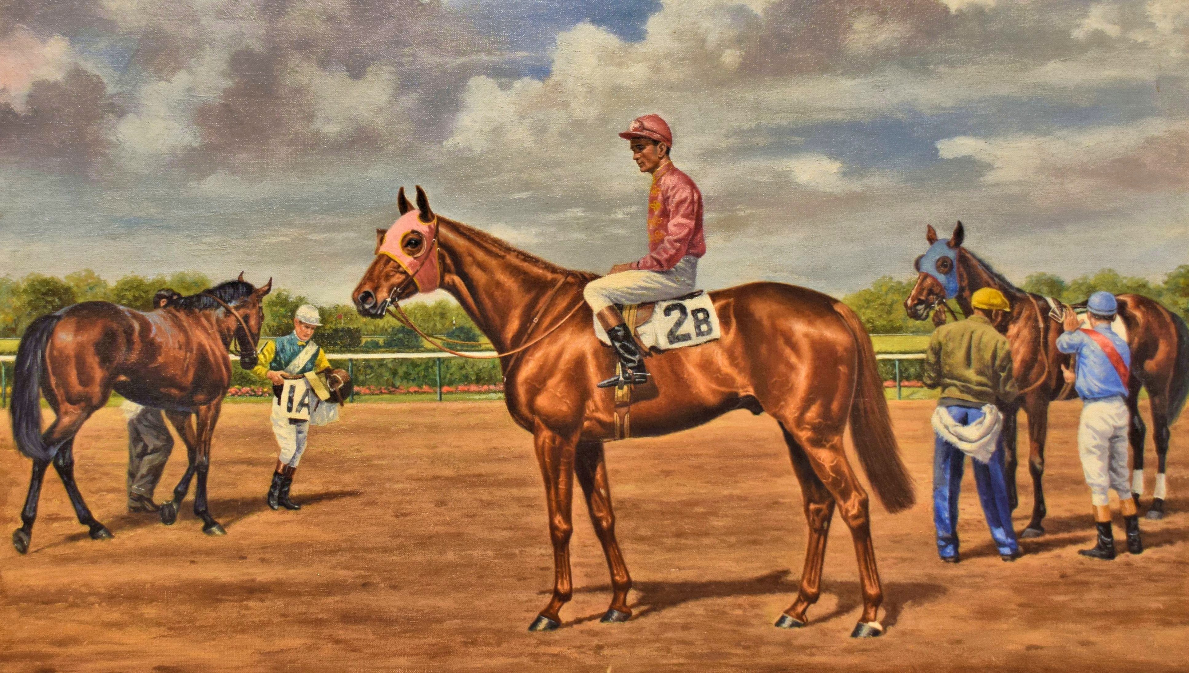 Painting of Neji (Frank "Dooley" Adams up) at the 1955 Temple Gwathmey at Belmont Park by Richard Stone Reeves, 1955 (Museum Collection)