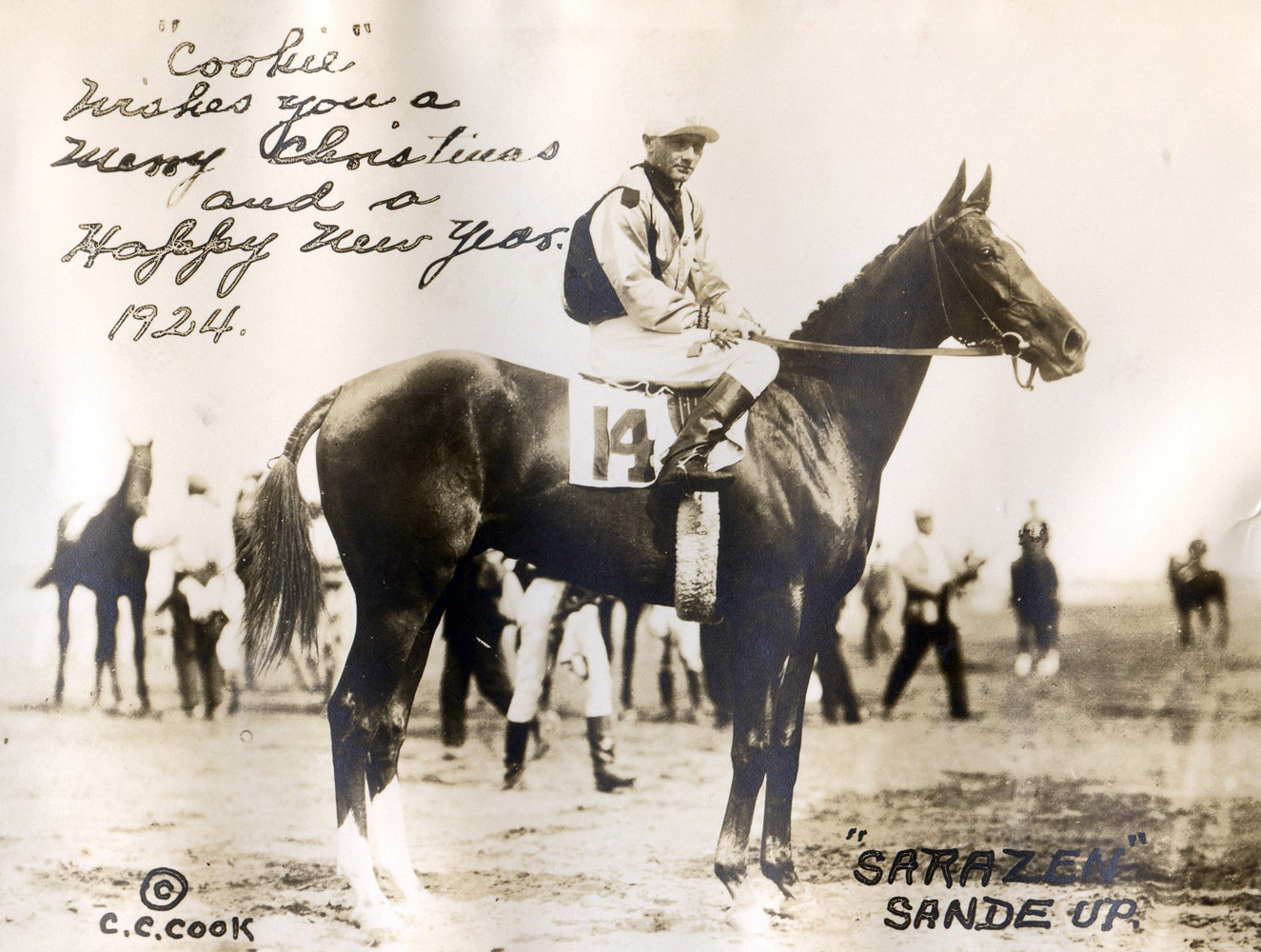 Sarazen, Earl Sande up, featured on a Christmas greeting card from C. C. Cook, 1924 (C. C. Cook/Museum Collection)