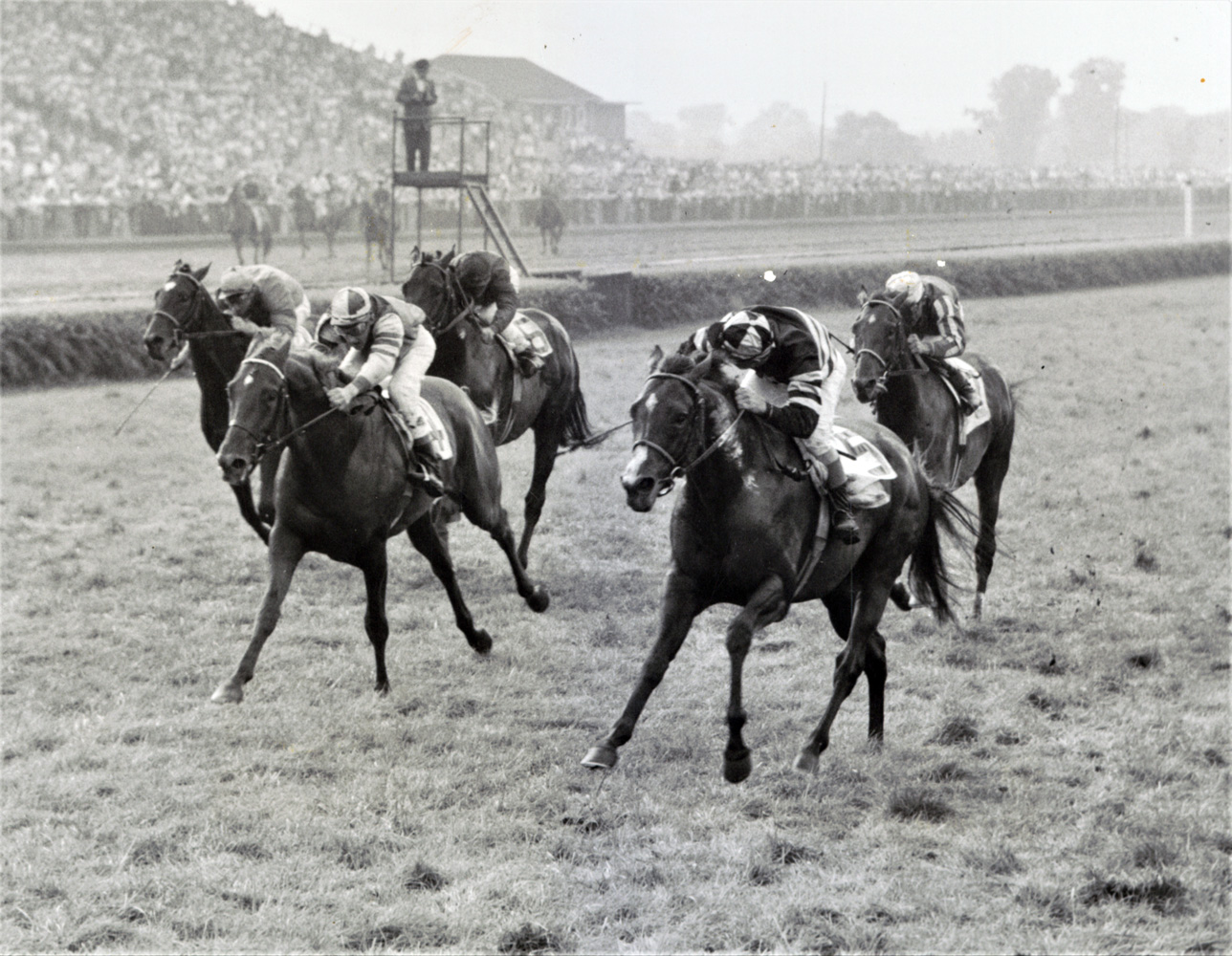 Swoon's Son with Eddie Arcaro up (on the right) winning the 1956 American Derby at Washington Park (Keeneland Library Thoroughbred Times Collection)