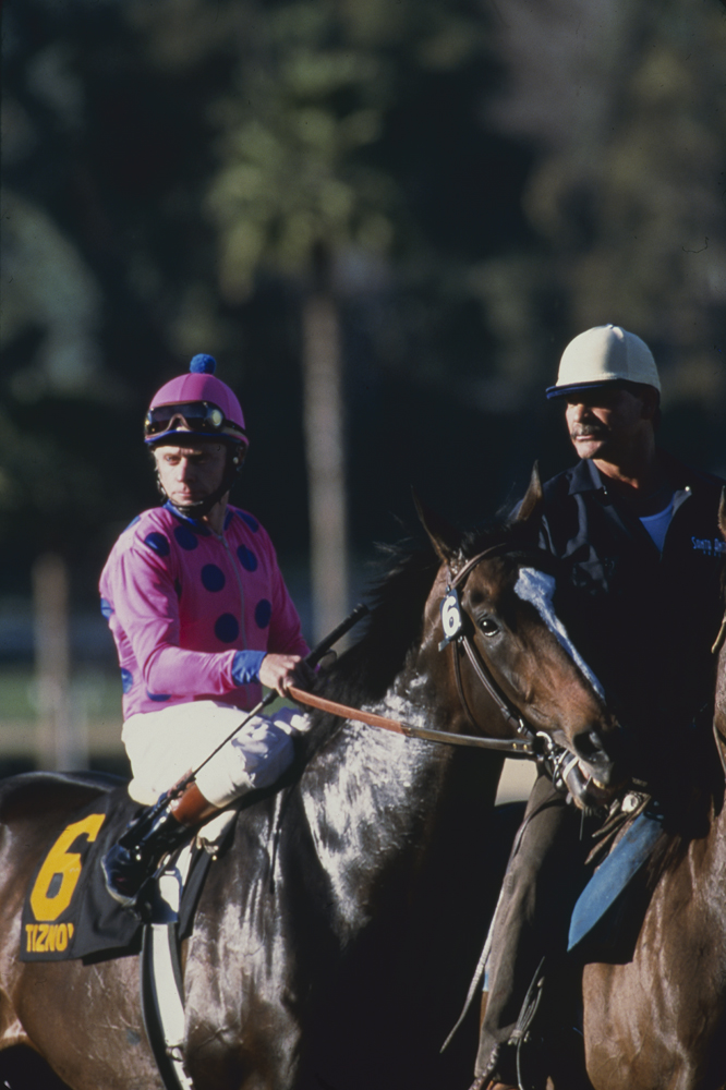 Tiznow (Chris McCarron up) heading to the start for the 2001 Strub Stakes at Santa Anita (Keeneland Library Katey Barrett Collection)