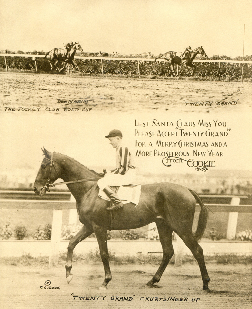 The 1931 Jockey Club Gold Cup, won by Twenty Grand (Charles Kurtsinger up) featured on the annual "Christmas Cookie" greeting card produced by photographer C. C. Cook (C. C. Cook/Museum Collection)