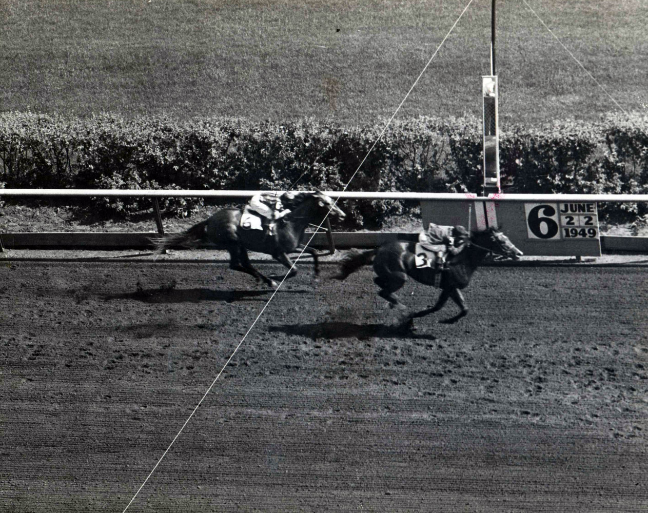 Two Lea (Steve Brooks up) winning the 1949 Princess Doreen Stakes at Arlington Park (Arlington Park Photo/Museum Collection)