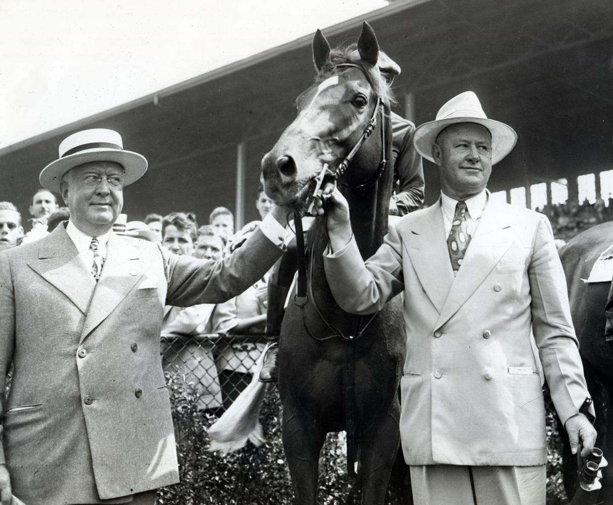 Whirlaway's final public appearance with owner Warren Wright and trainer Ben Jones at Washington Park, July 1943 (Washington Park Photo/Museum Collection)