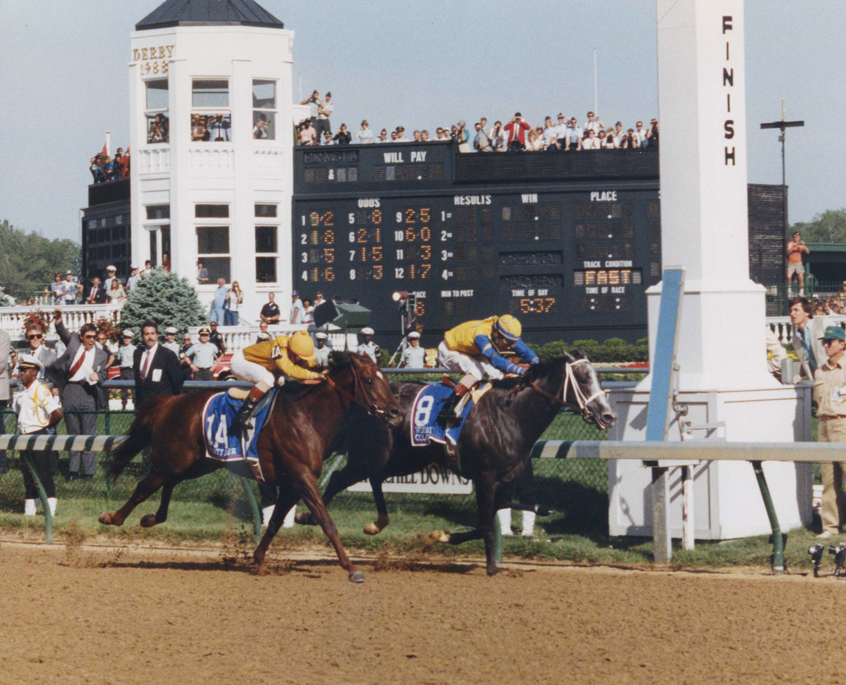 Winning Colors (Gary Stevens up) winning the 1988 Kentucky Derby by a neck over Forty Niner (Churchill Downs Inc./Kinetic Corp. /Museum Collection)