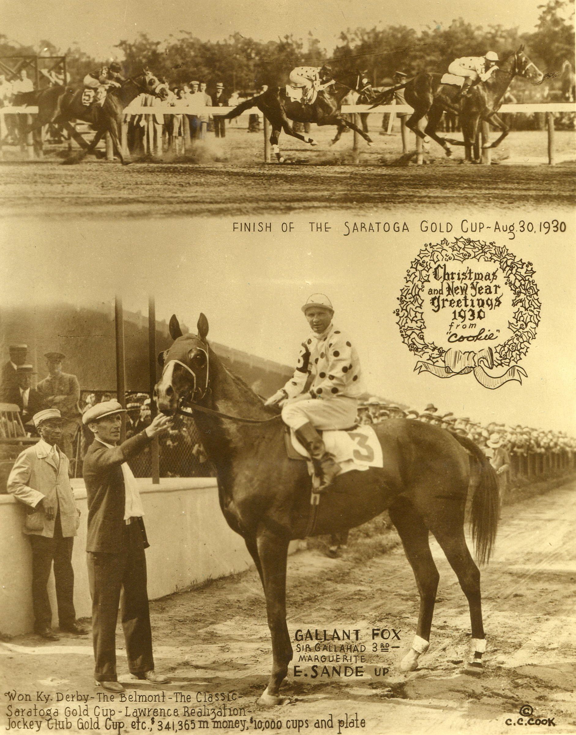 The 1930 Saratoga Cup, won by Gallant Fox (Earl Sande up) featured in the annual "Christmas Cookie" greeting card produced by photographer C. C. Cook (C.C. Cook/Museum Collection)