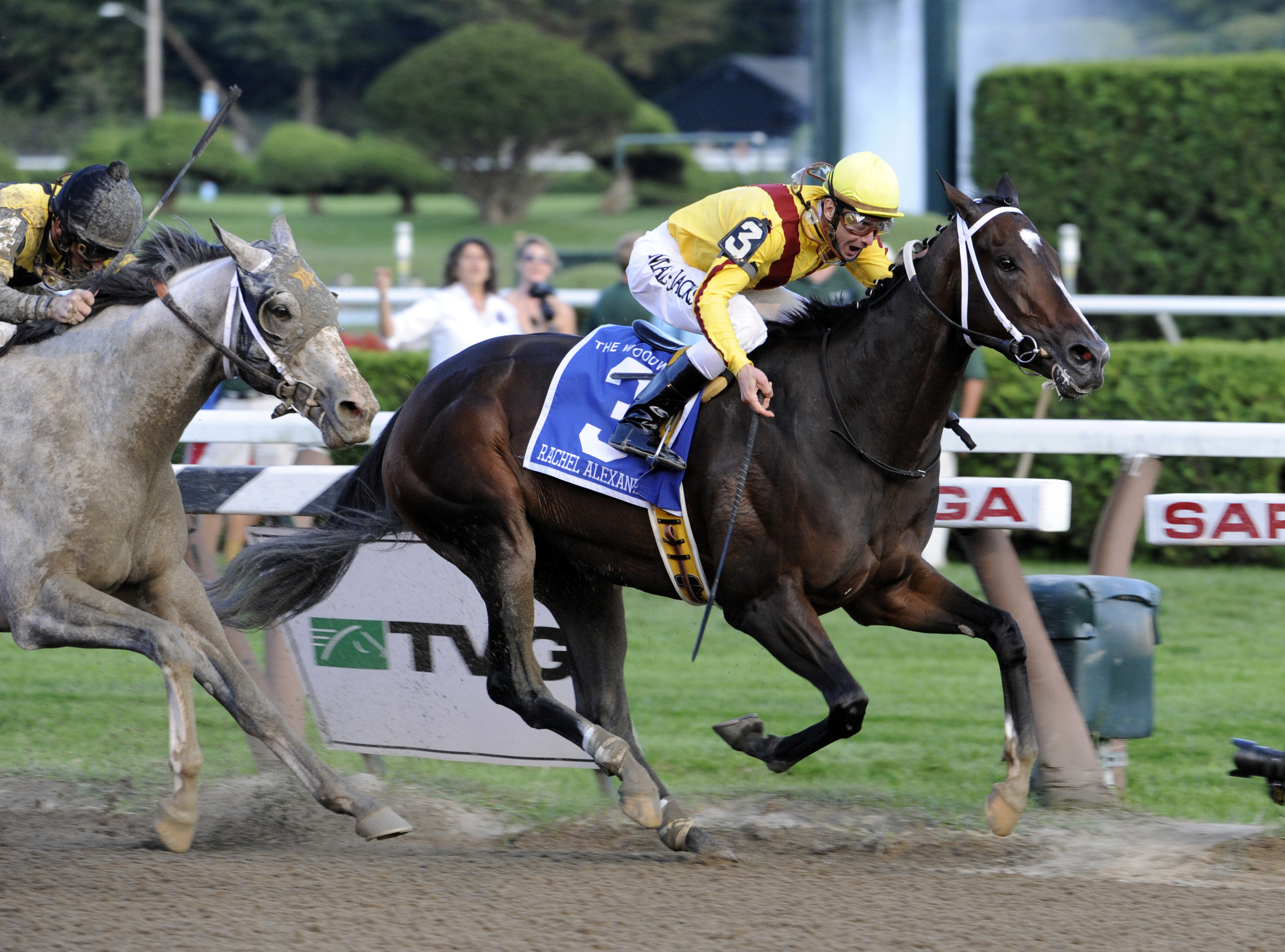 Rachel Alexandra winning the 2009 Woodward Stakes, Calvin Borel up (Skip Dickstein)