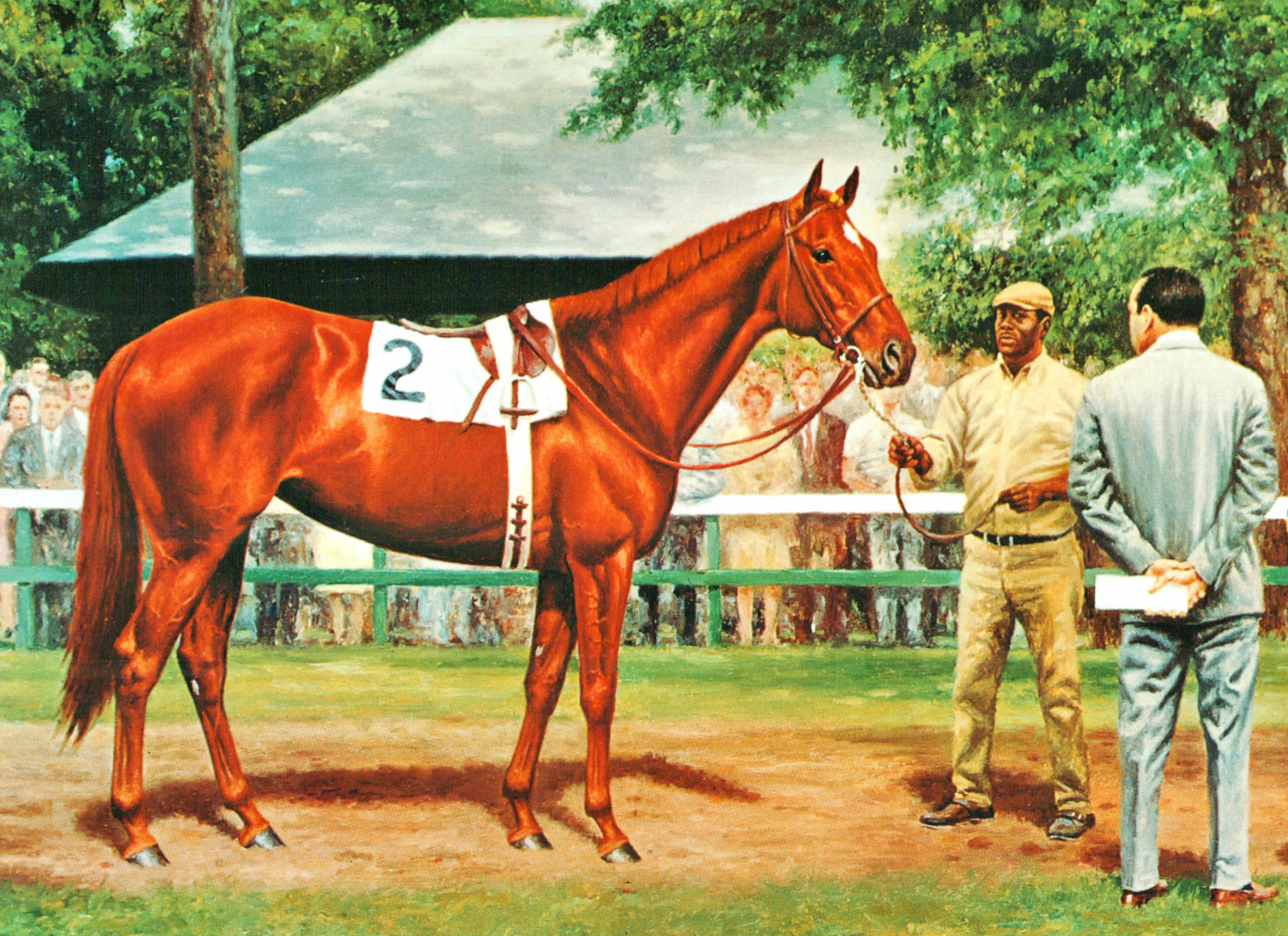 Painting of Shuvee in the Saratoga Paddock by Richard Stone Reeves (Museum Collection)