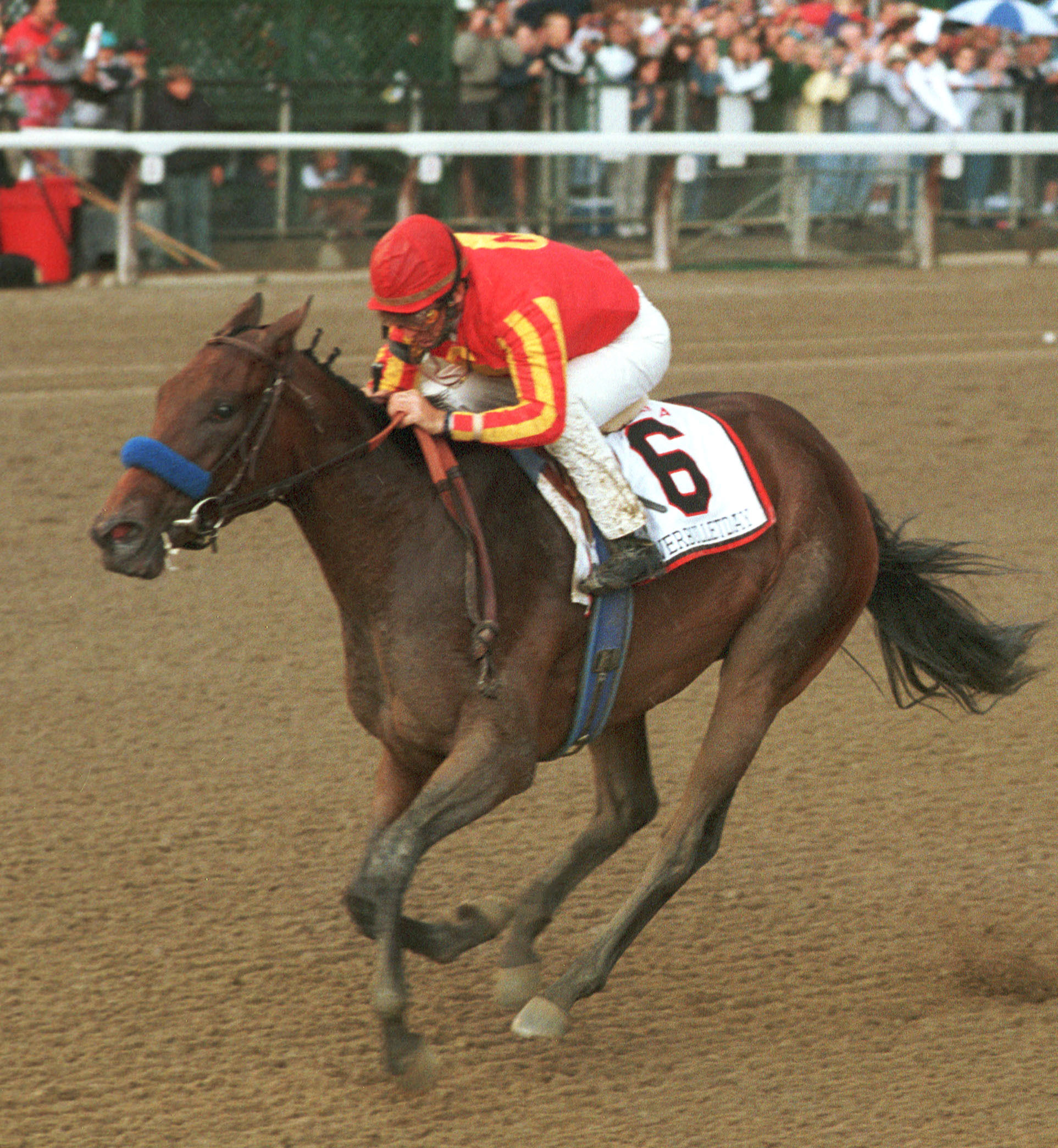 Silverbulletday (Jerry Bailey up) winning the 1999 Alabama at Saratoga (Bob Coglianese/NYRA)