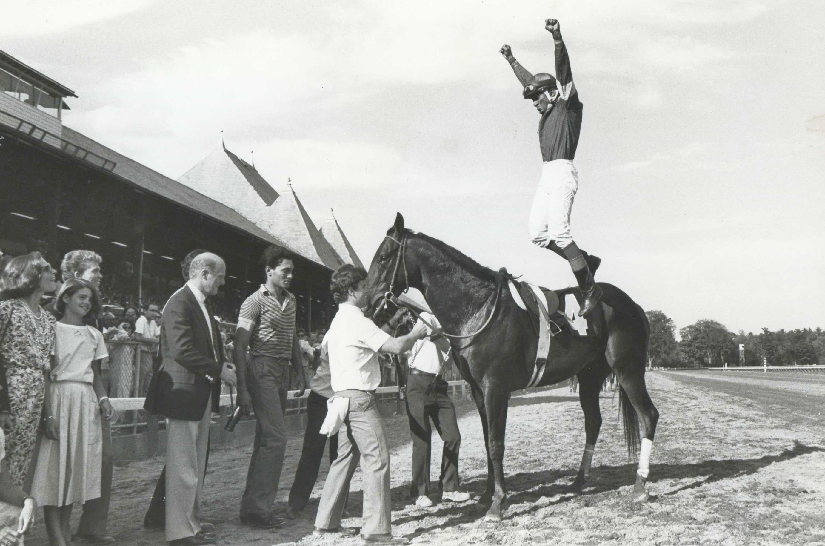 Angel Cordero, Jr. celebrates a win at Saratoga (Museum Collection)