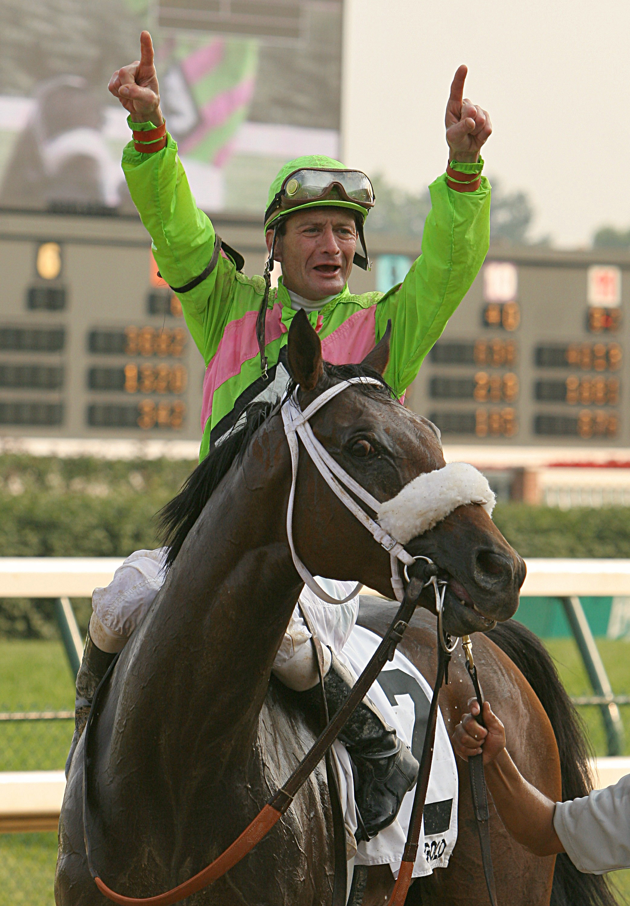 Calvin Borel celebrates winning the 2006 Stephen Foster at Churchill Downs aboard Seek Gold (Churchill Downs)