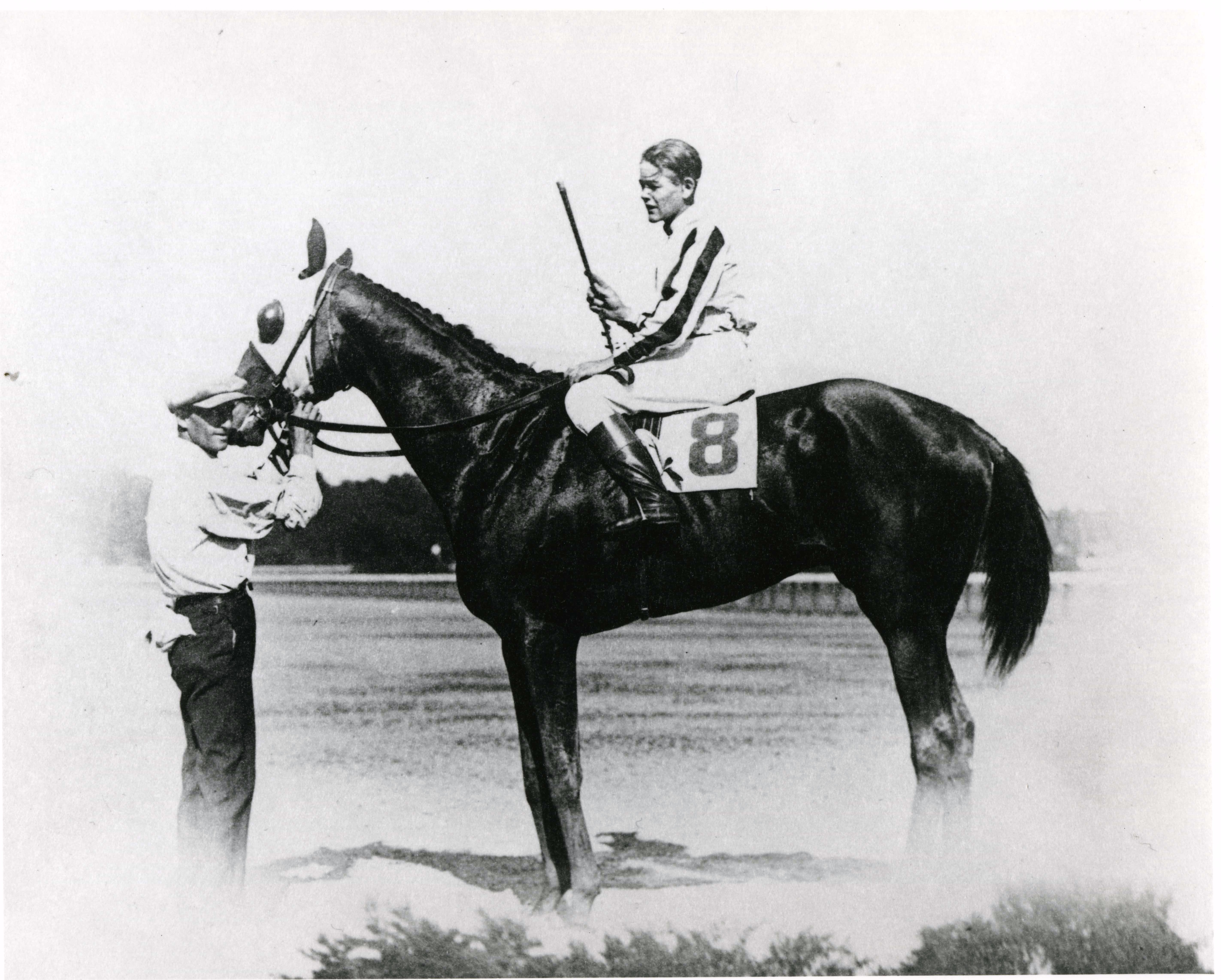 Ivan Parke and Cherry Pie in the winner's circle after winning a race at Saratoga, August 1924 (H. C. Ashby/Museum Collection)