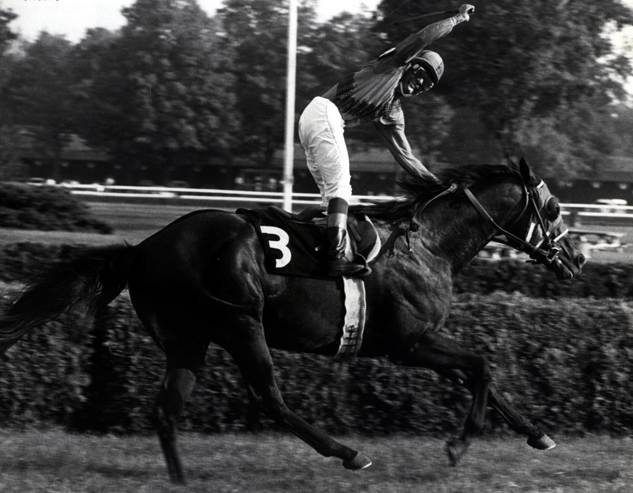 Angel Cordero, Jr. celebrating a win at Saratoga (Museum Collection)