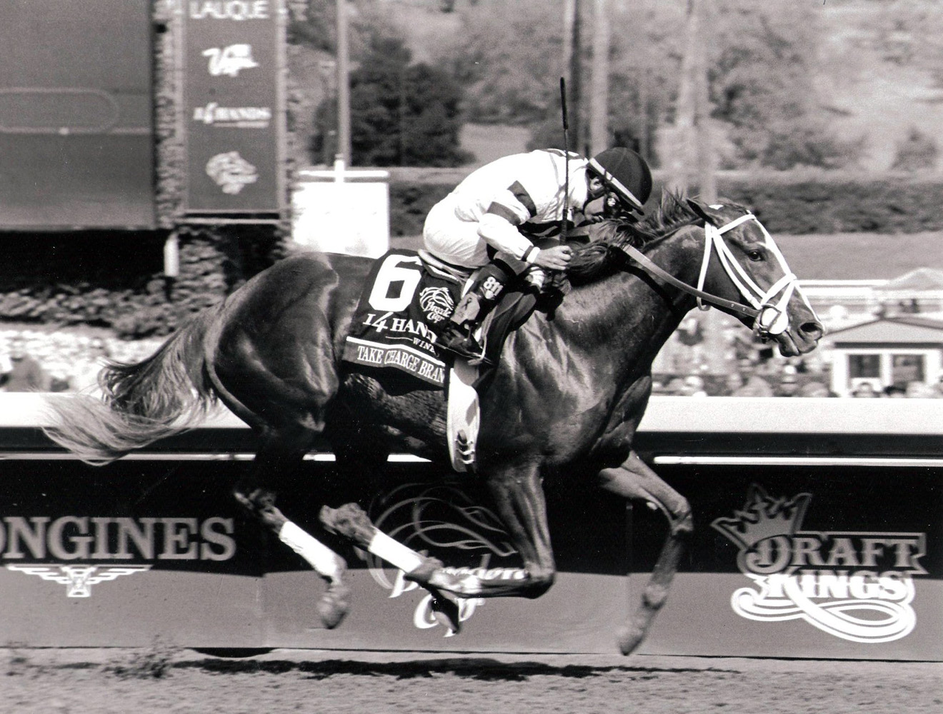 Victor Espinoza and Take Charge Brandi winning the 2014 Breeders' Cup Juvenile Fillies at Santa Anita Park (Bill Mochon/Museum Collection)