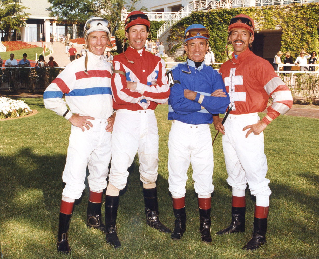 Arlington's 4,000 wins: jockeys Tim Doocy, Ray Sibille, Earlie Fires, and Mark Guidry (Benoit Photo/Museum Collection)