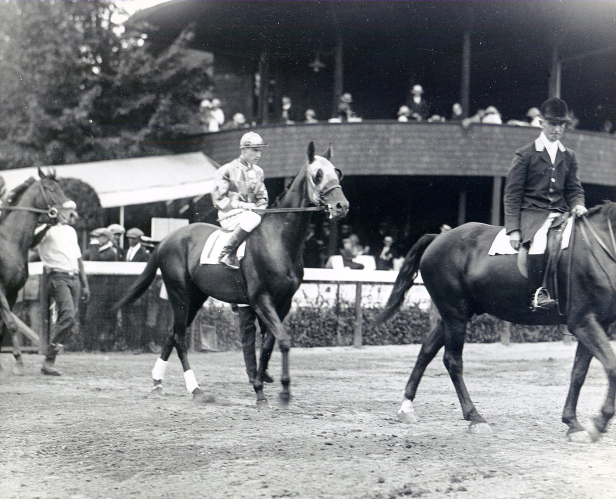 J. Linus McAtee and Bud Fisher entering the track for the 1st race at Saratoga on Aug. 11, 1922 (George S. Bolster/Museum Collection)