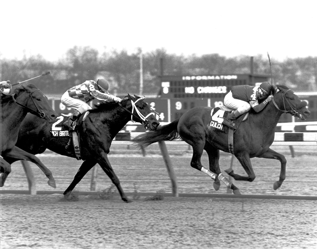 Jose Santos and Gulch winning the 1987 Bay Shore at Aqueduct (NYRA)