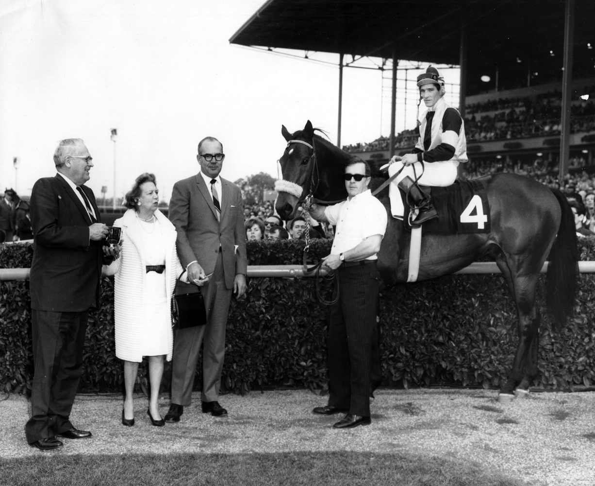 Manny Ycaza and Gun Bow in the winner's circle for the 1965 San Antonio Handicap at Santa Anita (Santa Anita Photo/Museum Collection)