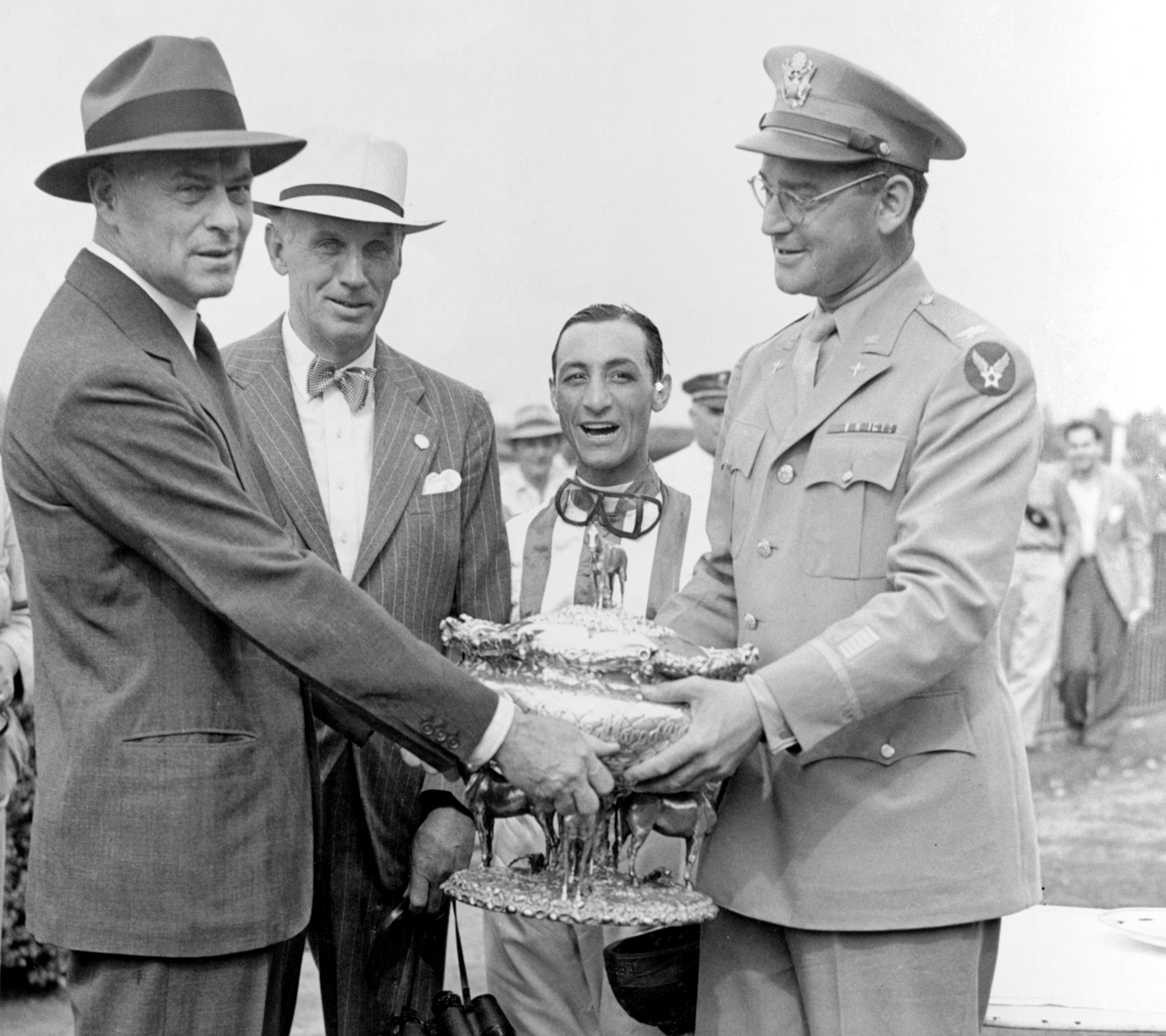 Keeneland Library Morgan Collection - Walter Jeffords, George D Widener Jr, E. Arcaro & John Hay Whitney at 1942 Belmont.jpg