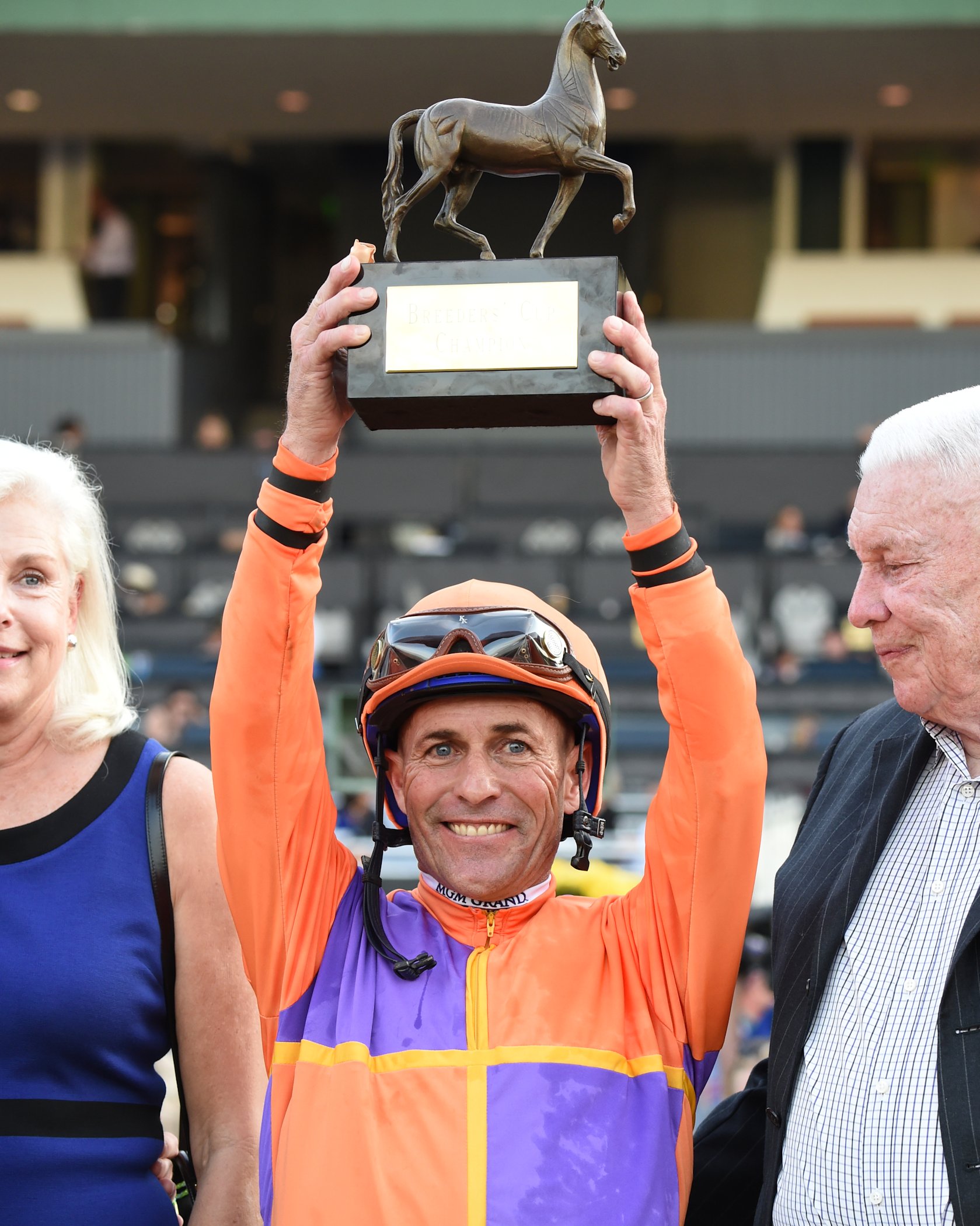 Gary Stevens celebrates winning the 2016 Breeders' Cup Distaff at Santa Anita (Bob Mayberger/Museum Collection)