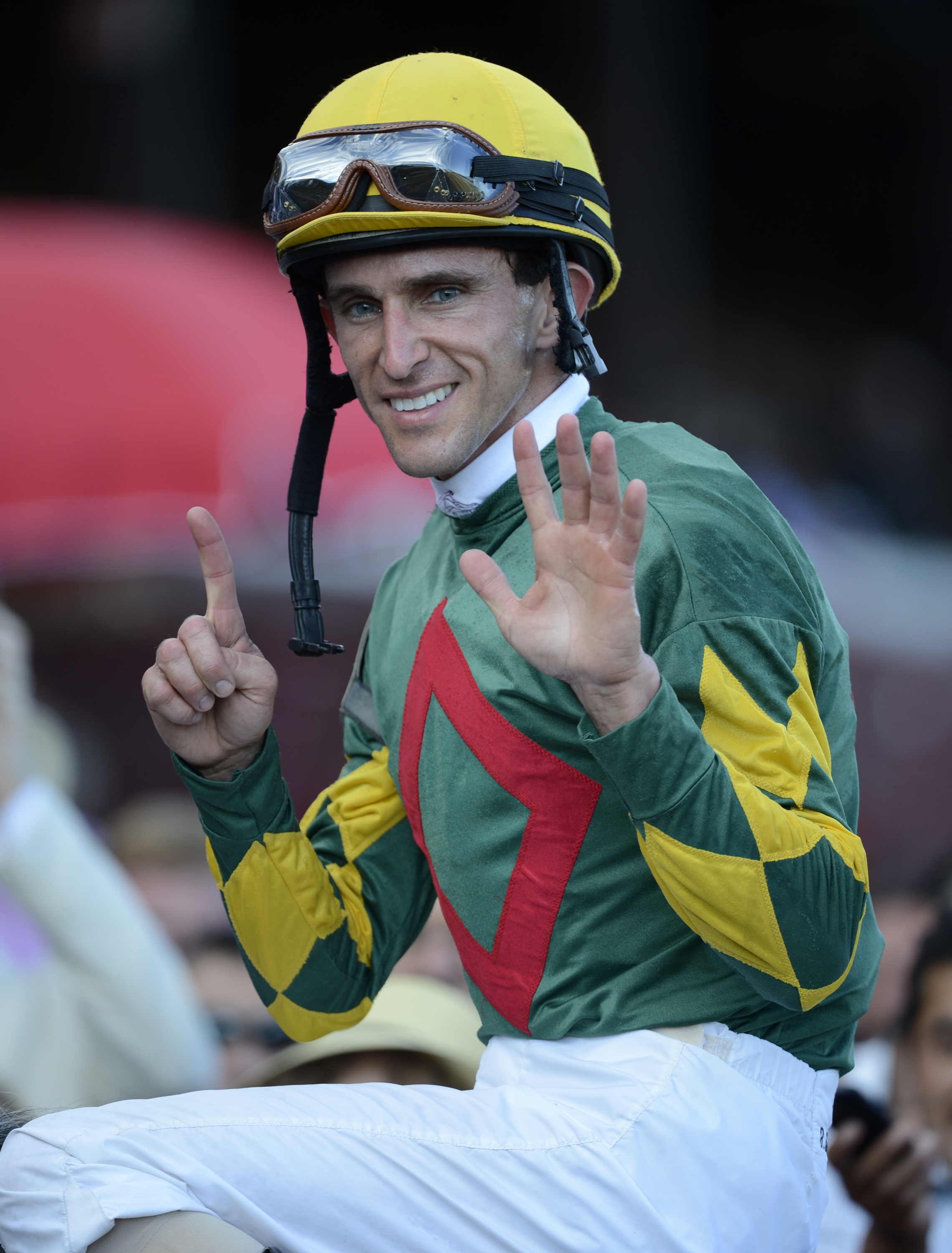 Ramon Dominguez after winning his sixth race of the day at Saratoga Race Course, Sept. 2, 2012 (Skip Dickstein)