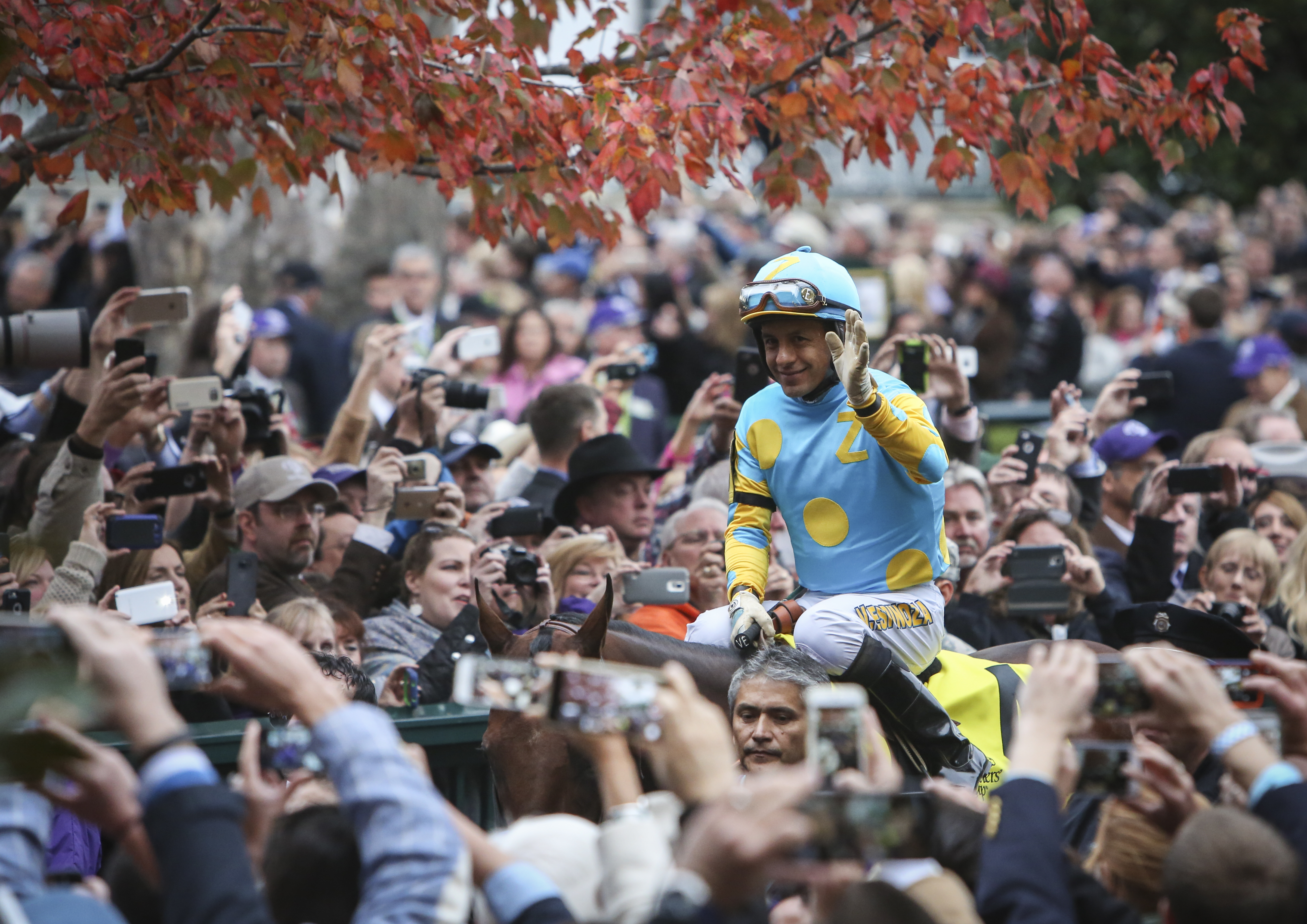 Victor Espinoza aboard American Pharoah at the 2015 Breeders' Cup at Keeneland (Breeders' Cup Photo)