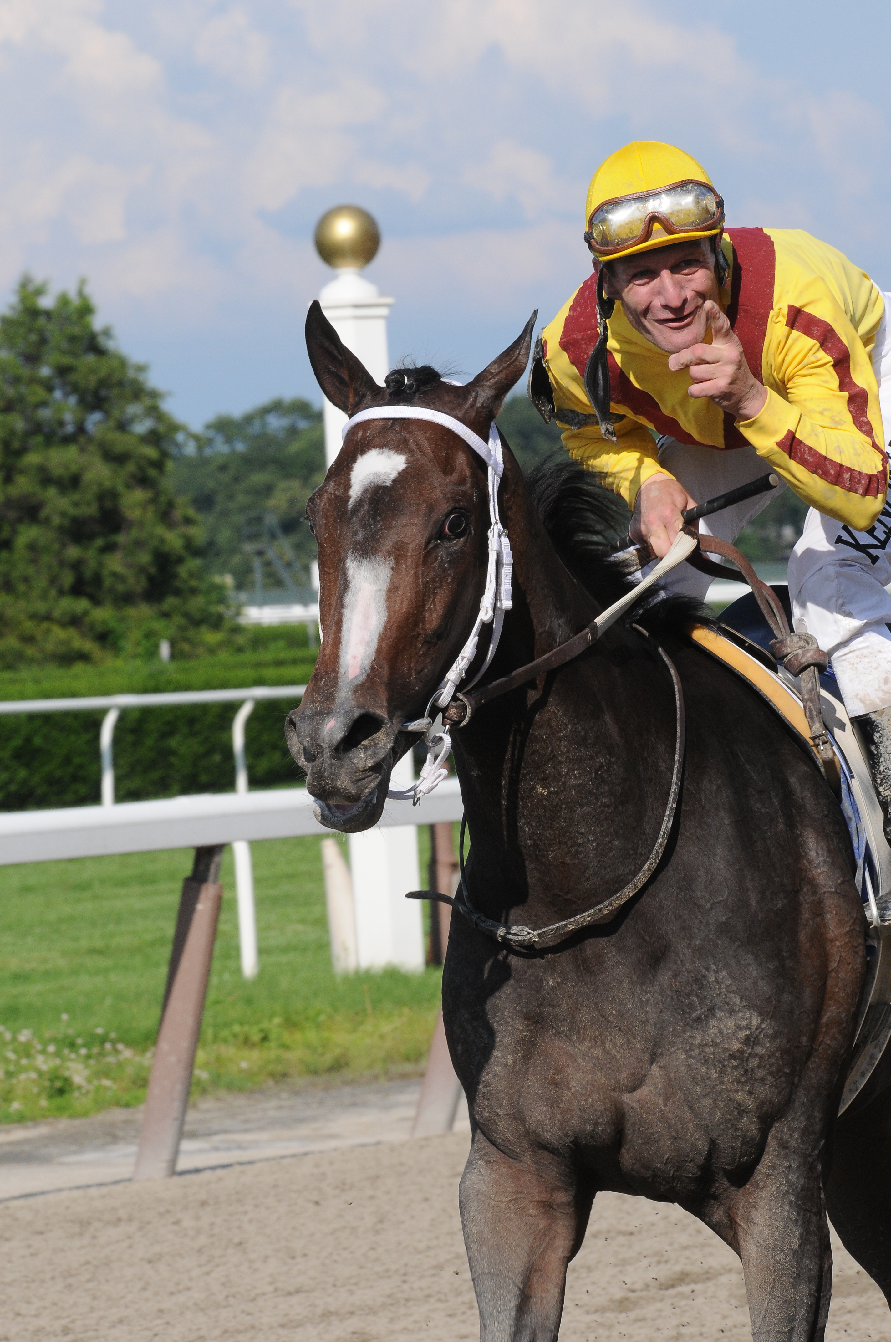 Calvin Borel celebrates aboard Rachel Alexandra after winning the 2009 Woodward at Saratoga Race Course (NYRA)