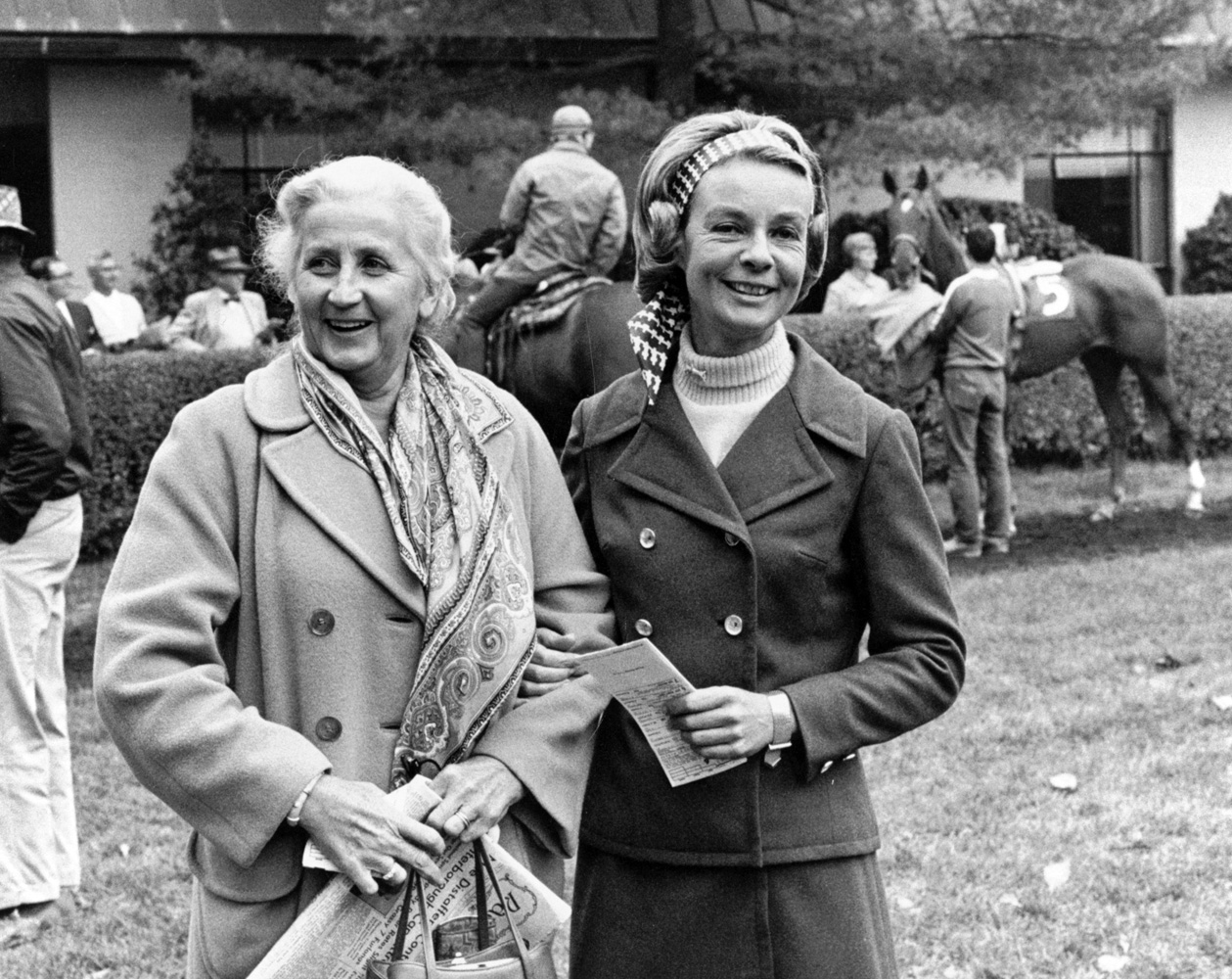Mrs. John Wesley Mars and Alice Headley Bell in the paddock at Keeneland, 1969 (Keeneland Association)