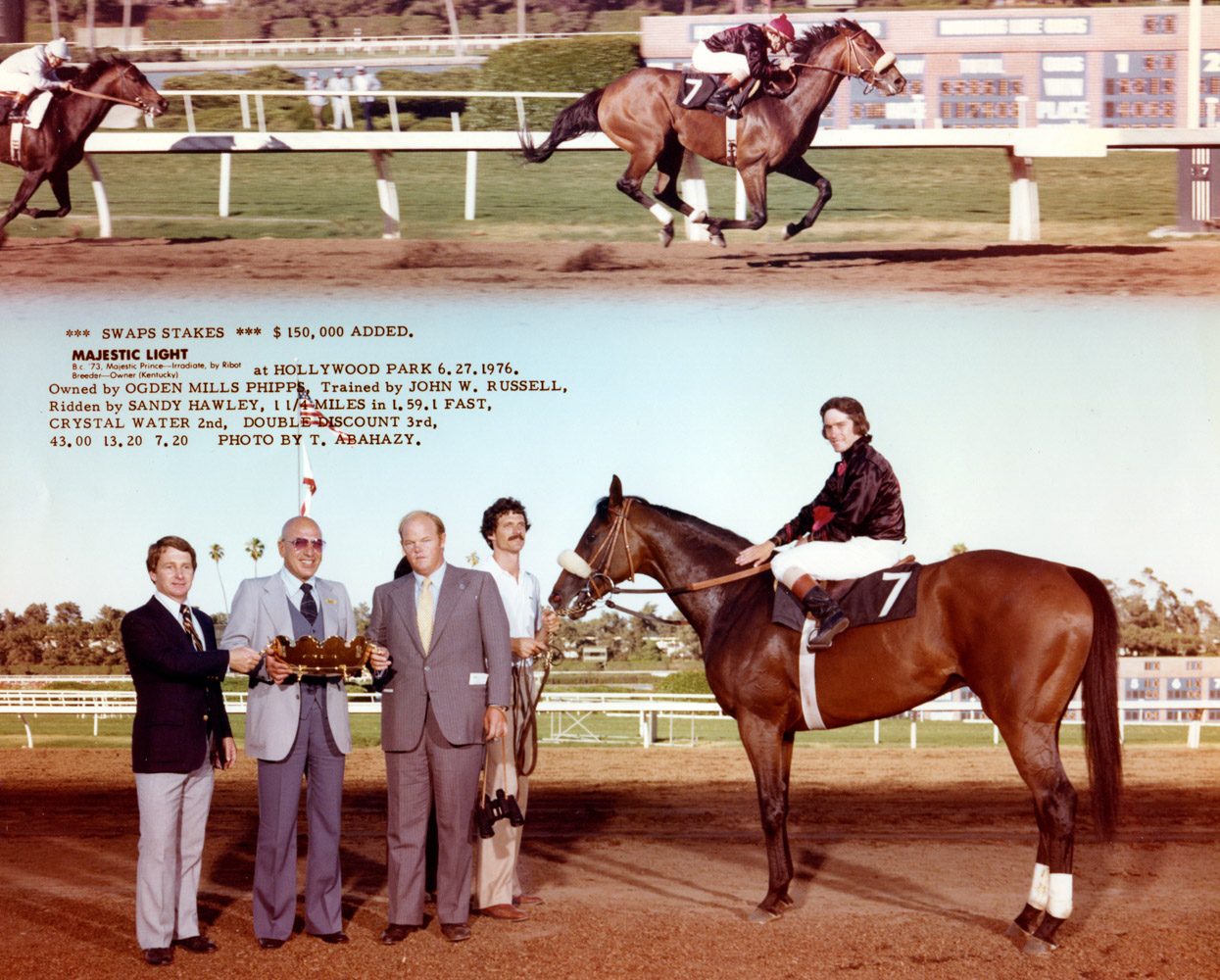 Win composite photograph for the 1976 Swaps Stakes at Hollywood Park, won by Majestic Light (owned by Ogden Mills "Dinny" Phipps) (Hollywood Park Photo/Museum Collection)