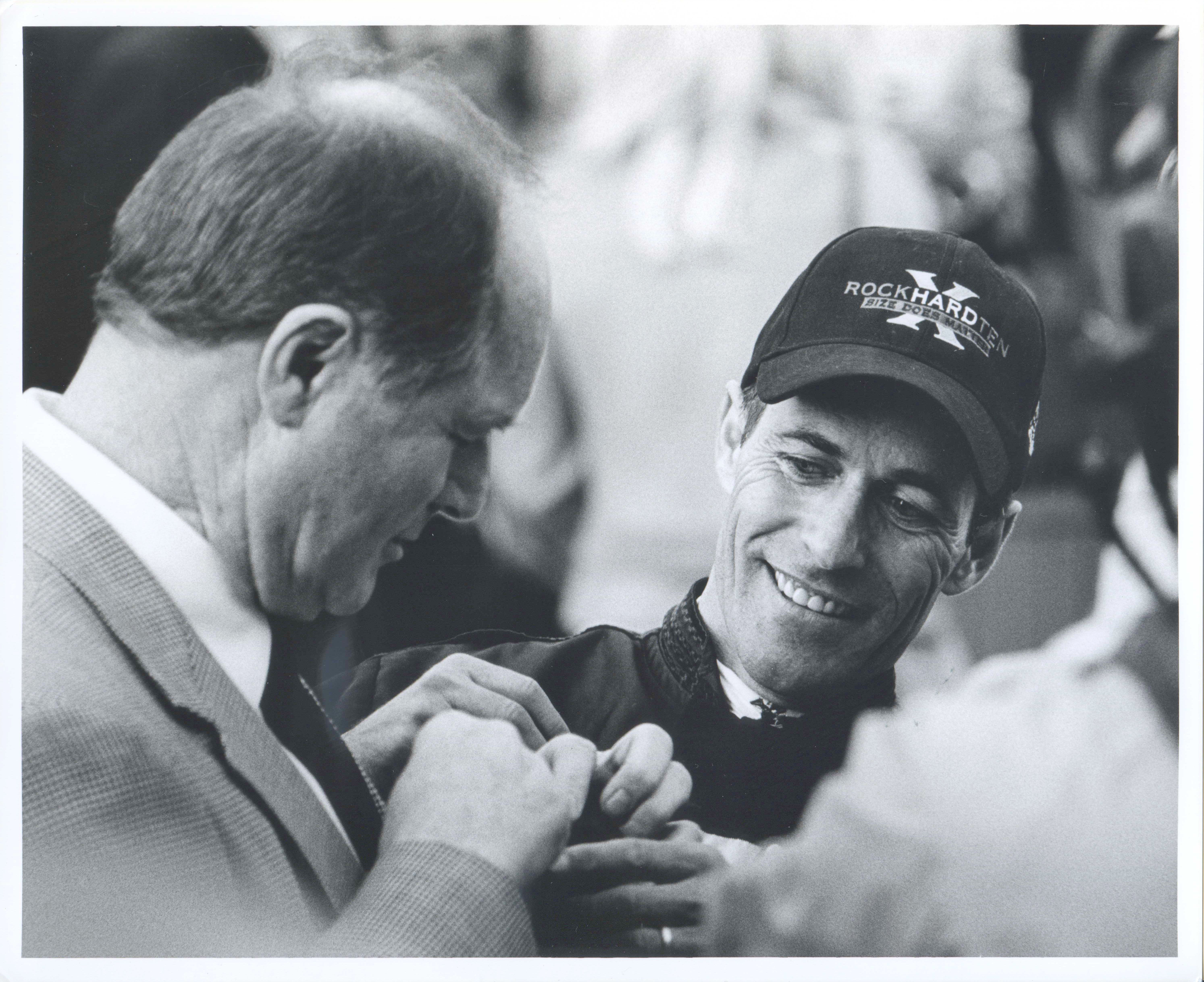 Richard Mandella and Gary Stevens after winning the 2005 Santa Anita Handicap with Rock Hard Ten (Bill Mochon/Museum Collection)