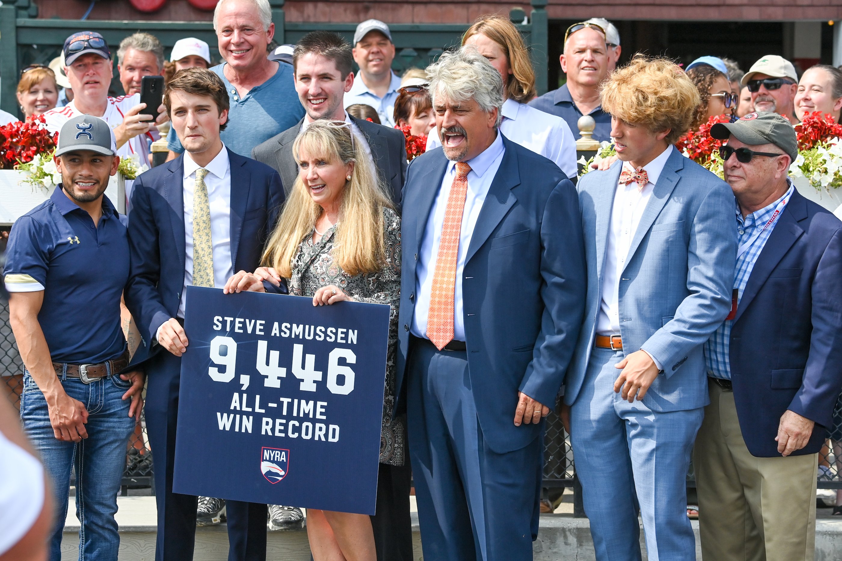 Steve Asmussen celebrates career win 9,446, setting a new North American record, at Saratoga Race Course, Aug. 7, 2021 (Bob Mayberger/Museum Collection)