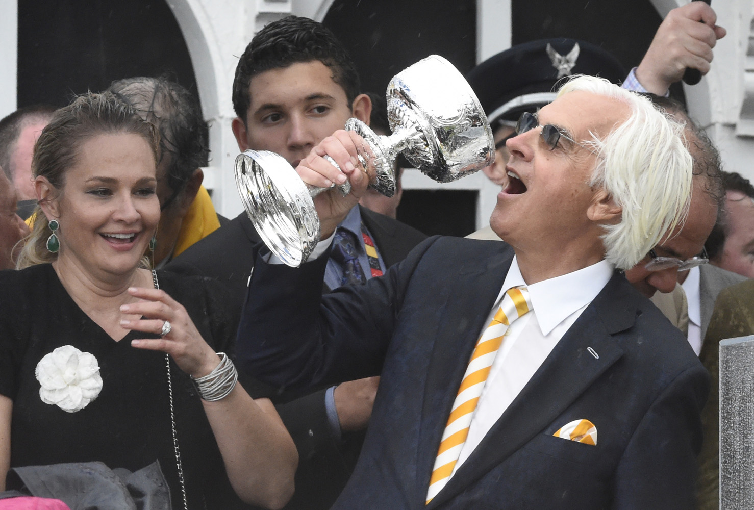 Bob Baffert celebrating after American Pharoah's 2015 Preakness Stakes victory (Skip Dickstein)