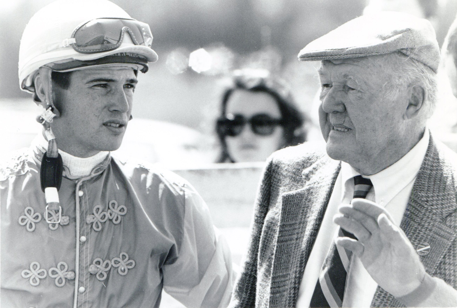 Jockey J. Lawrence and trainer W. Burling Cocks in the Foxfield paddock (Douglas Lees/Museum Collection)