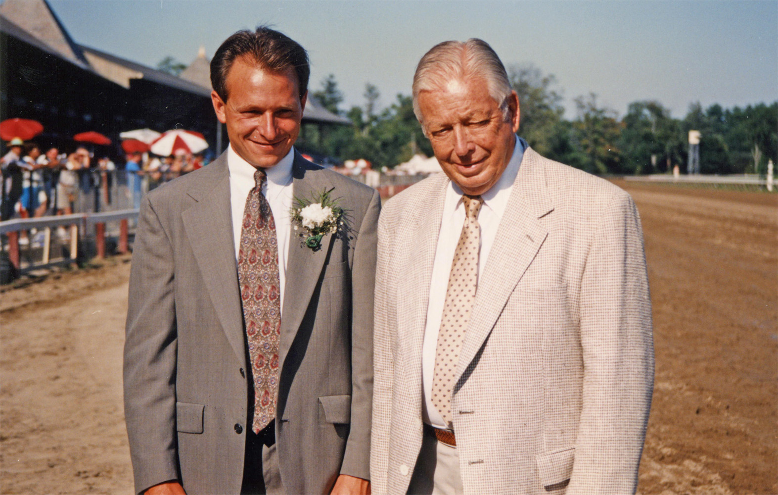 Jockey Steve Cauthen and Jimmy Croll on the track at Saratoga for Hall of Fame Day, August 1994 (Barbara D. Livingston/Museum Collection)