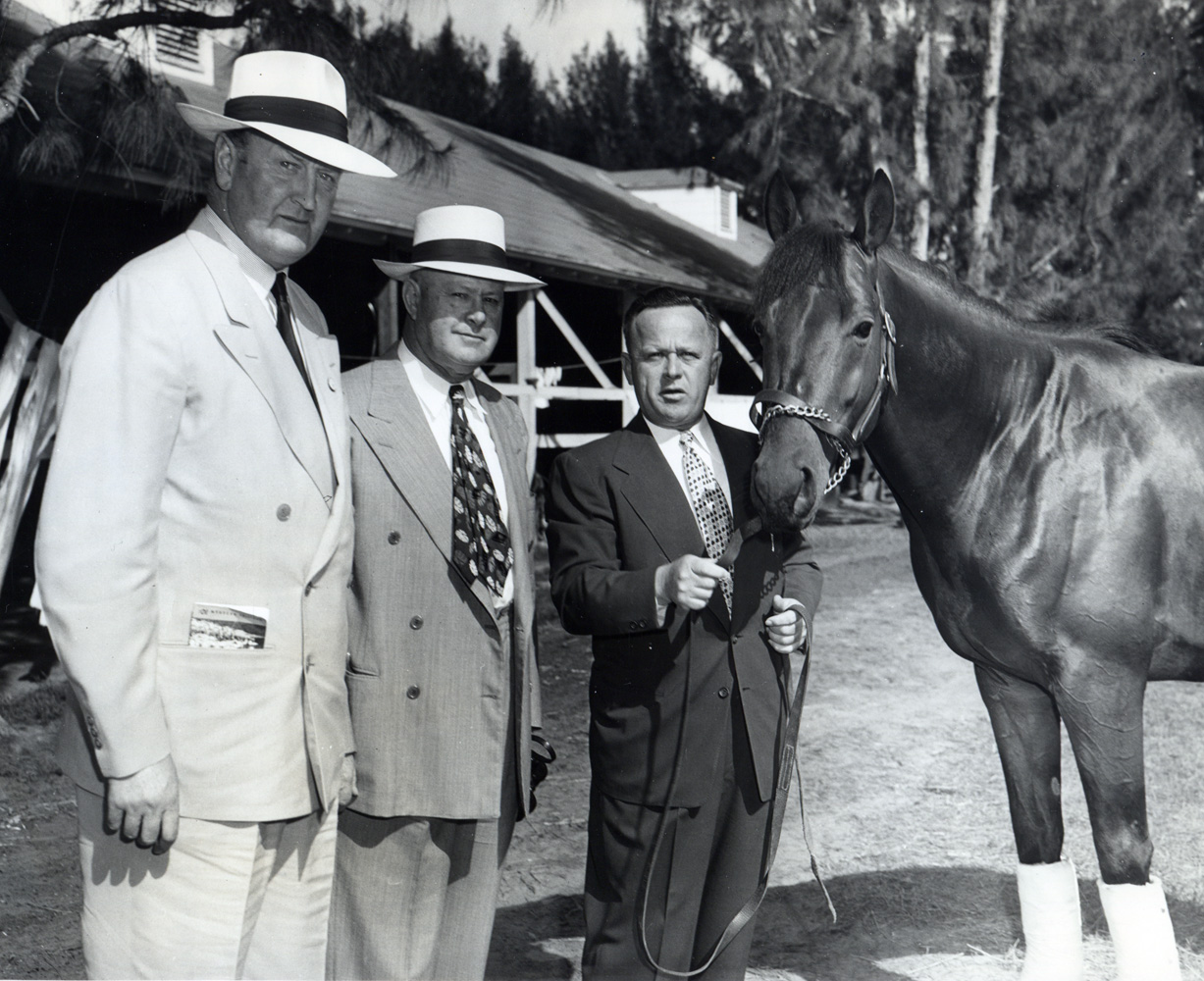 Capt. Rochefort, Ben Jones, and Jimmy Jones with Citation at Hialeah Park, January 1949 (Museum Collection)