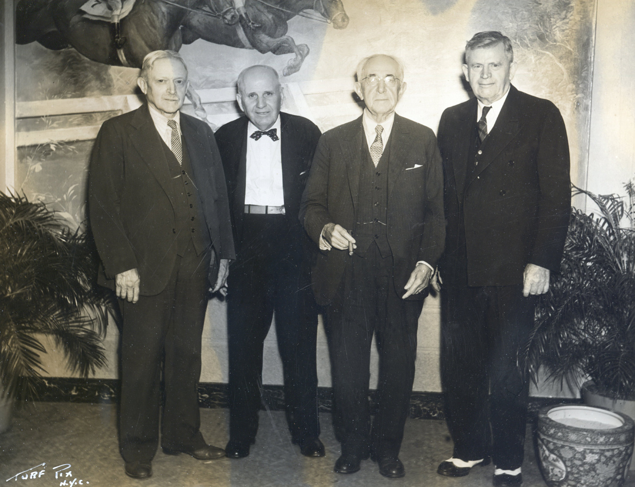 Hall of Fame trainers Henry McDaniel, James Fitzsimmons, A. Jack Joyner, and T. J. Healey in Saratoga in 1939 (TurfPix/Museum Collection)