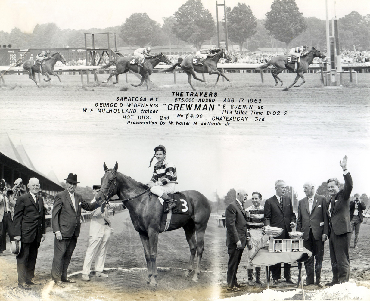 Win composite photograph for the 1963 Travers Stakes at Saratoga won by Crewman (Eric Guerin up), trained by Bert Mulholland (NYRA/Museum Collection)