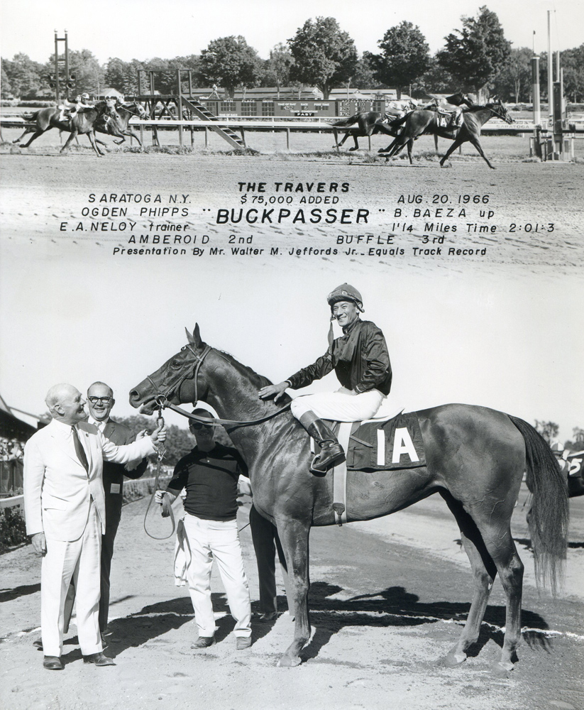 Win composite photograph for the 1966 Travers Stakes, won by Buckpasser (Braulio Baeza up), trained by Eddie Neloy (NYRA/Museum Collection)