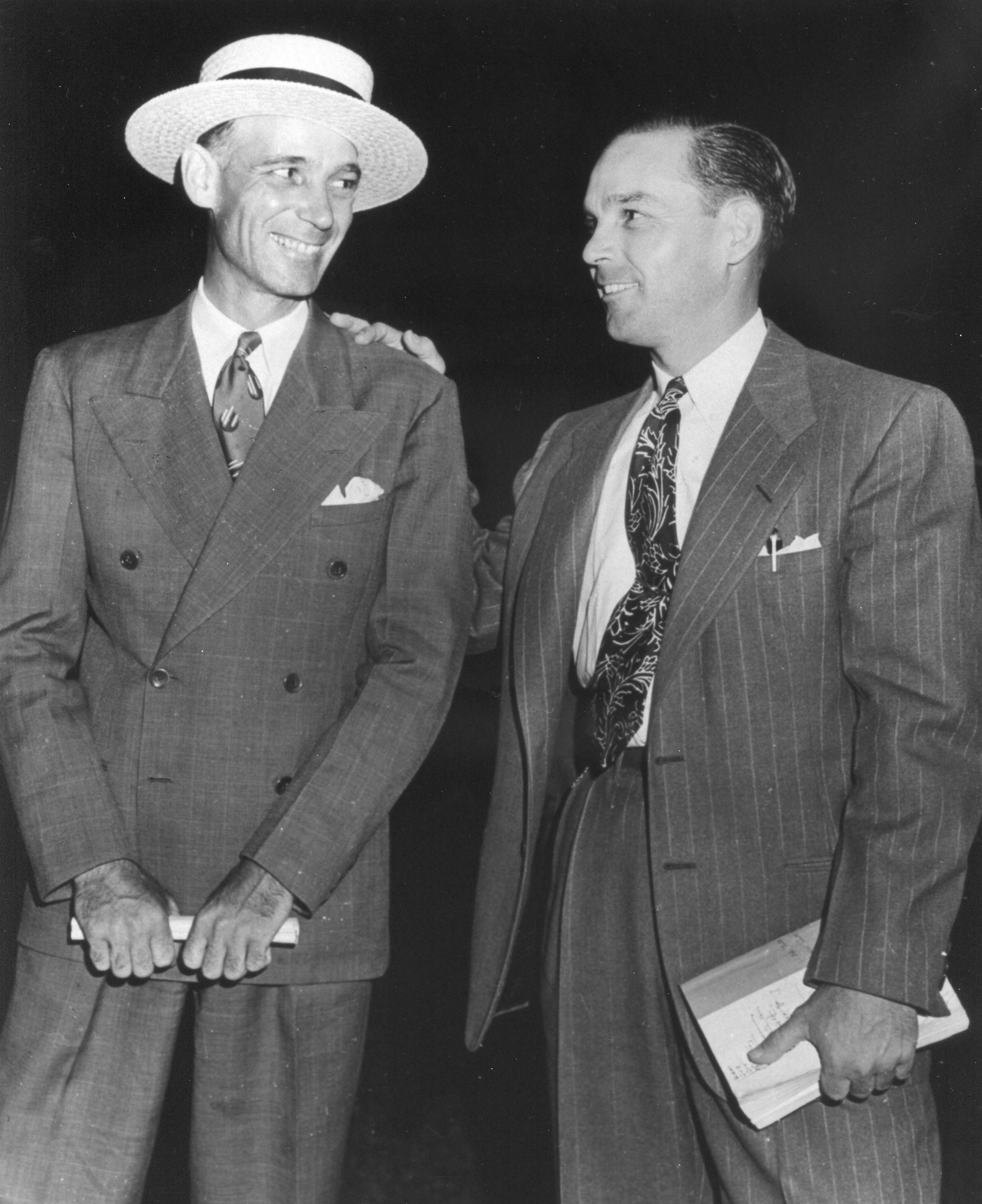 Sherill Ward (right) with father and fellow trainer John Sherill Ward (right) at the Keeneland Summer Sales in 1947 (The BloodHorse/Museum Collection)